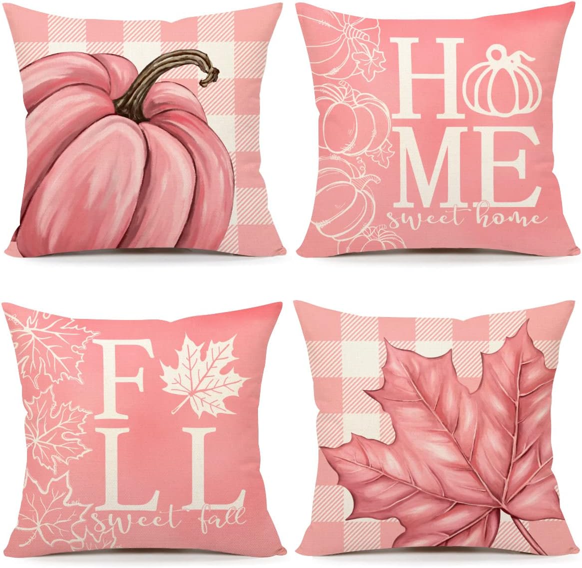 4TH Emotion Fall Decor Pillow Covers 18x18 Set of 4 Buffalo Check Farmhouse Decorations Pink Pumpkin Throw Cushion Case for Fall Thanksgiving Home Decorative Pillows S23F12