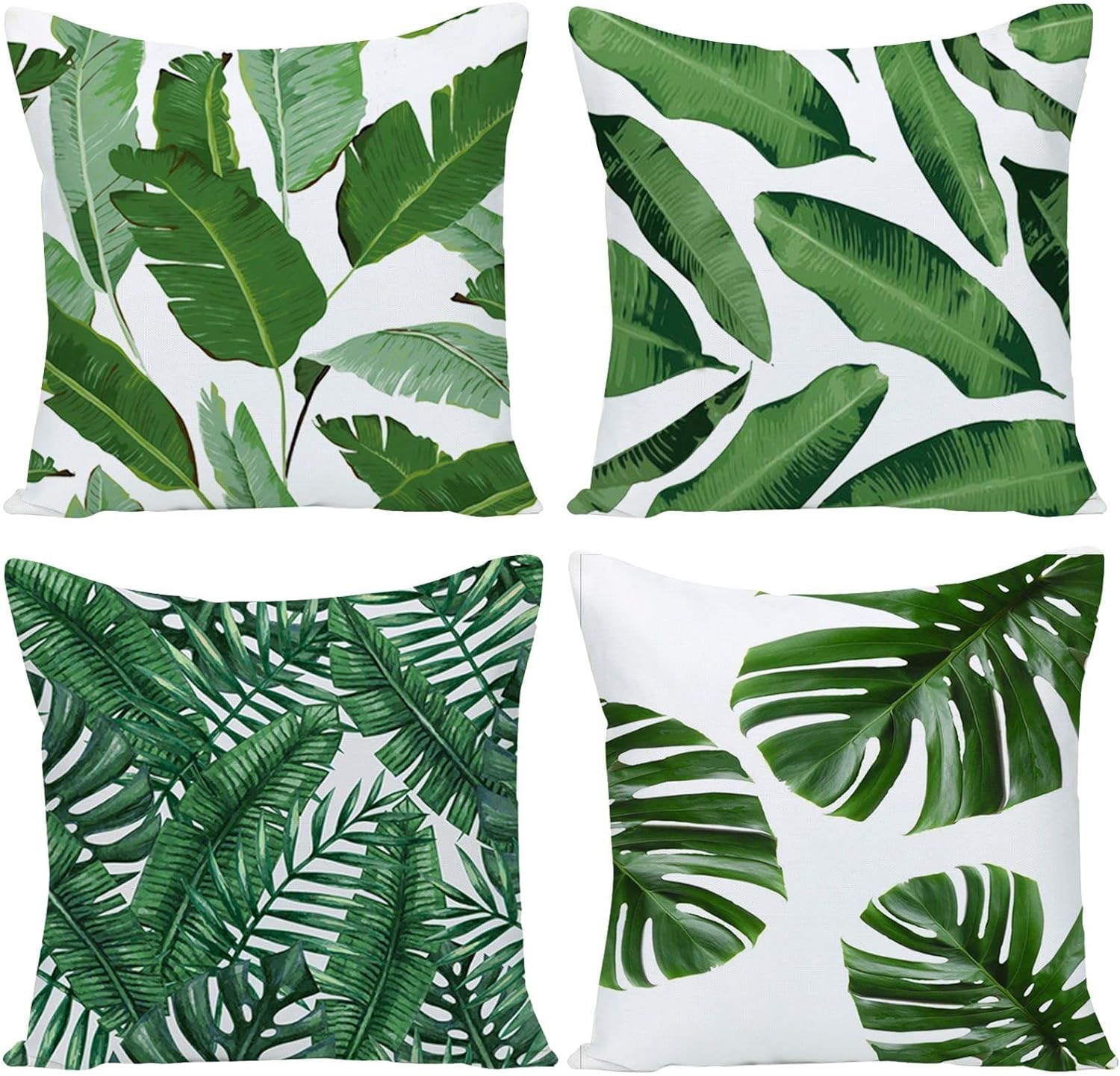 Pack of 4 Green Tropical Leaves Throw Pillow Cover Summer Palm Tree Leaf Outdoor Decorative Linen Square Cushion Cover with Hidden Zipper for Sofa Bed Couch Car Living Room Decor 18x18 Inch