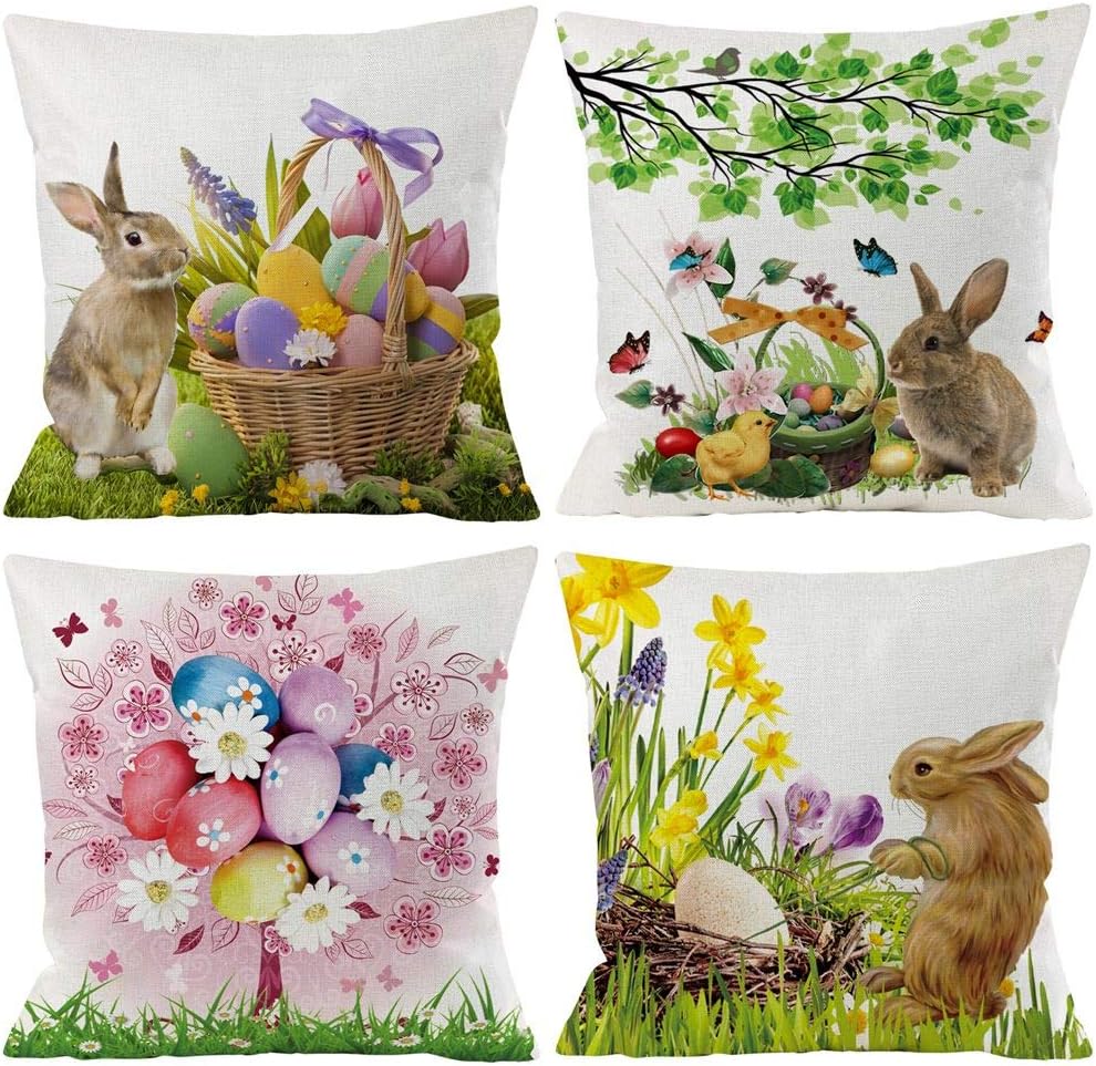 Easter Pillow Covers 18x18, Spring Pillow Covers 18x18 Set of 4, Happy Easter Eggs Tree Bunny Rabbit Flower Decorative Throw Pillow Cushion Case Square for Sofa Couch Bed Office Car Home Decor