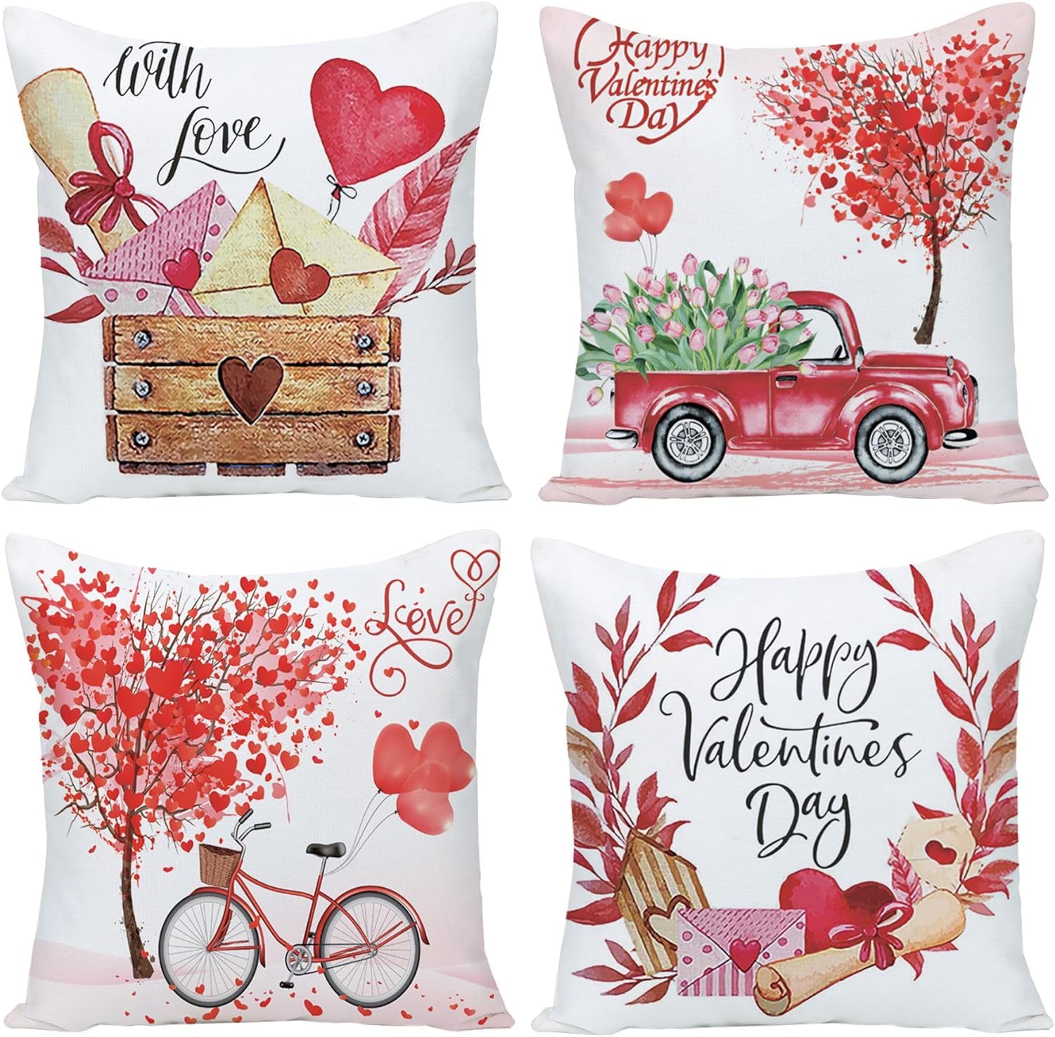 18x18 Red White Valentines Day Pillow Covers Set of 4 Love Heart Truck Tree Wedding Cushion Case Decoration Two Sides Pattern Hidden Zipper Closure for Sofa Couch Bedroom Decor