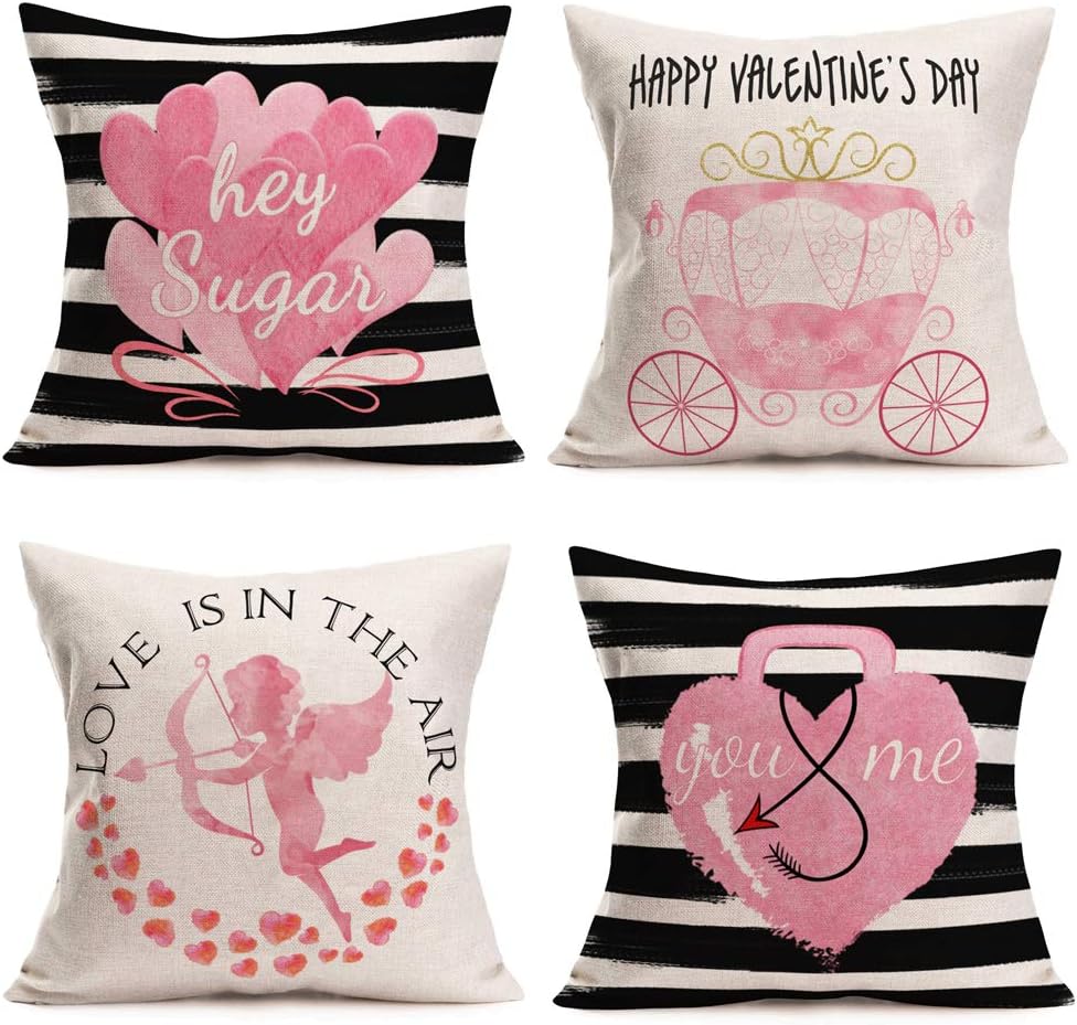 Happy Valentines Day Pillow Covers 16x16 Inch Set of 4 Black White Stripes with Cupid Arrow Pink Heart You & Me Sweet Quotes Throw Pillow Cases Cotton Linen Farmhouse Decorative Pillowcases