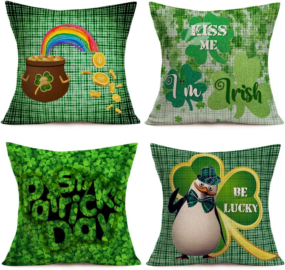 St.Patrick'Day Pillow Covers 16x16 Inch Green Buffalo Plaid with Lucky Clover Shamrock PenguinIrish Hat Gold Coin Rainbow Spring Farmhouse Decorative Throw Pillow Cushion Cover for Sofa