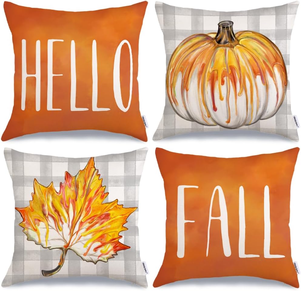 Fall Pillow Covers 18 x 18 Inch Set of 4, Hello Fall Buffalo Plaid Pumpkin Thanksgiving Decorations, Autumn Rustic Cushion Cases Farmhouse Decor for Home Party Sofa Couch (Orange) G358-18