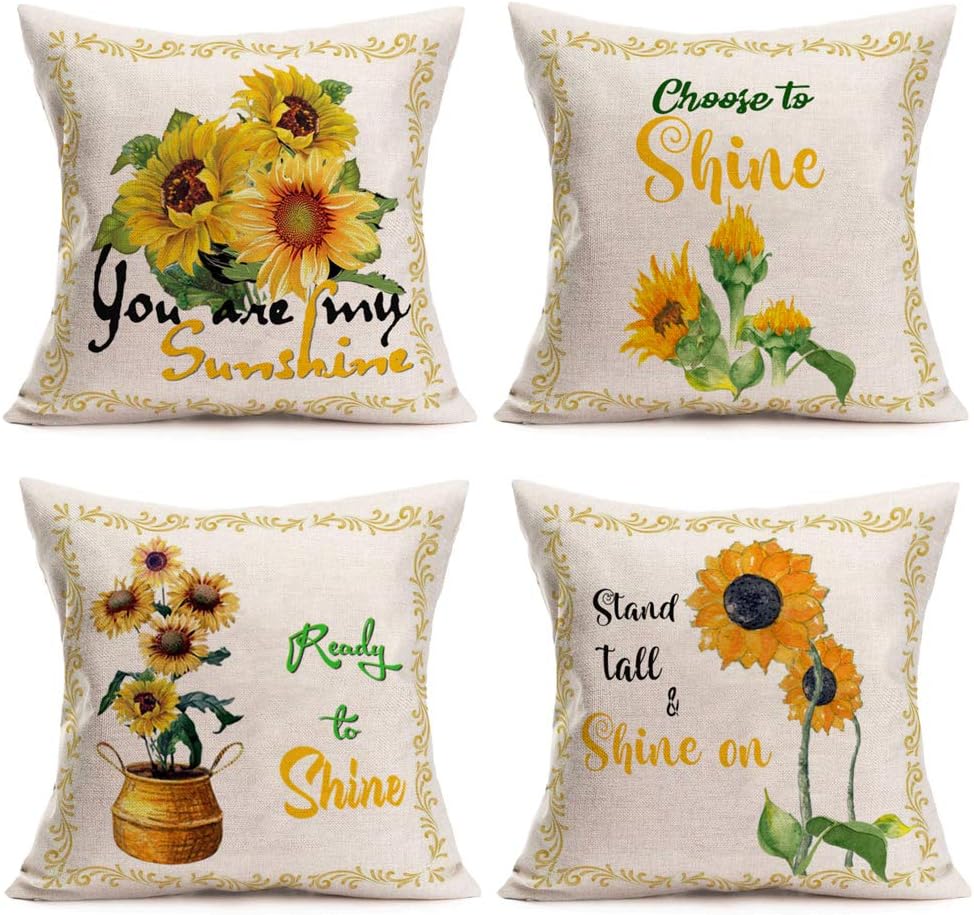 Set of 4 Farmhouse Sunflower Pillow Covers 16x16 Inch Cotton Linen Spring Summer Yellow Flower Green Leaves Throw Pillow Cases Outdoor Vintage Floral with Inspirational Quotes Cushion Cover