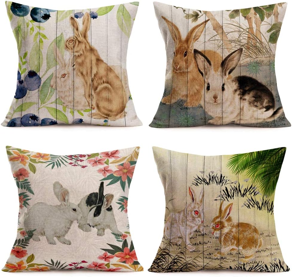 Happy Easter Rabbit Throw Pillow Covers 18x18 Inch Set of 4 Vintage Wood with Flowers Leaves Cute Farm Animals Bunny Spring Farmhouse Decorative Pillow Cases Cotton Linen Cushion Cover