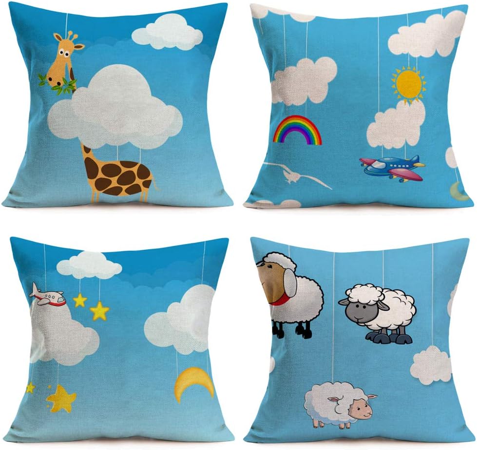 Home Kids Cartoon Decor Throw Pillow Covers 18x18 Cute Animal Giraffe Sheep Cloud Airplane Sun Moon Star Rainbow Set of 4 Pillowcase Cotton Linen Nursery Kindergarten Cushion Cover Blue White