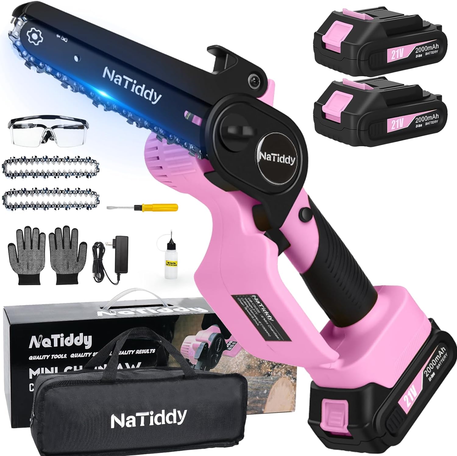 Mini Chainsaw Cordless - 6 inch Battery Powered Electric Chainsaw, Portable Handheld Chainsaw, Small Rechargeable Chain Saw with Security Lock for Wood Cutting Tree Trimming Yard Work (Pink)