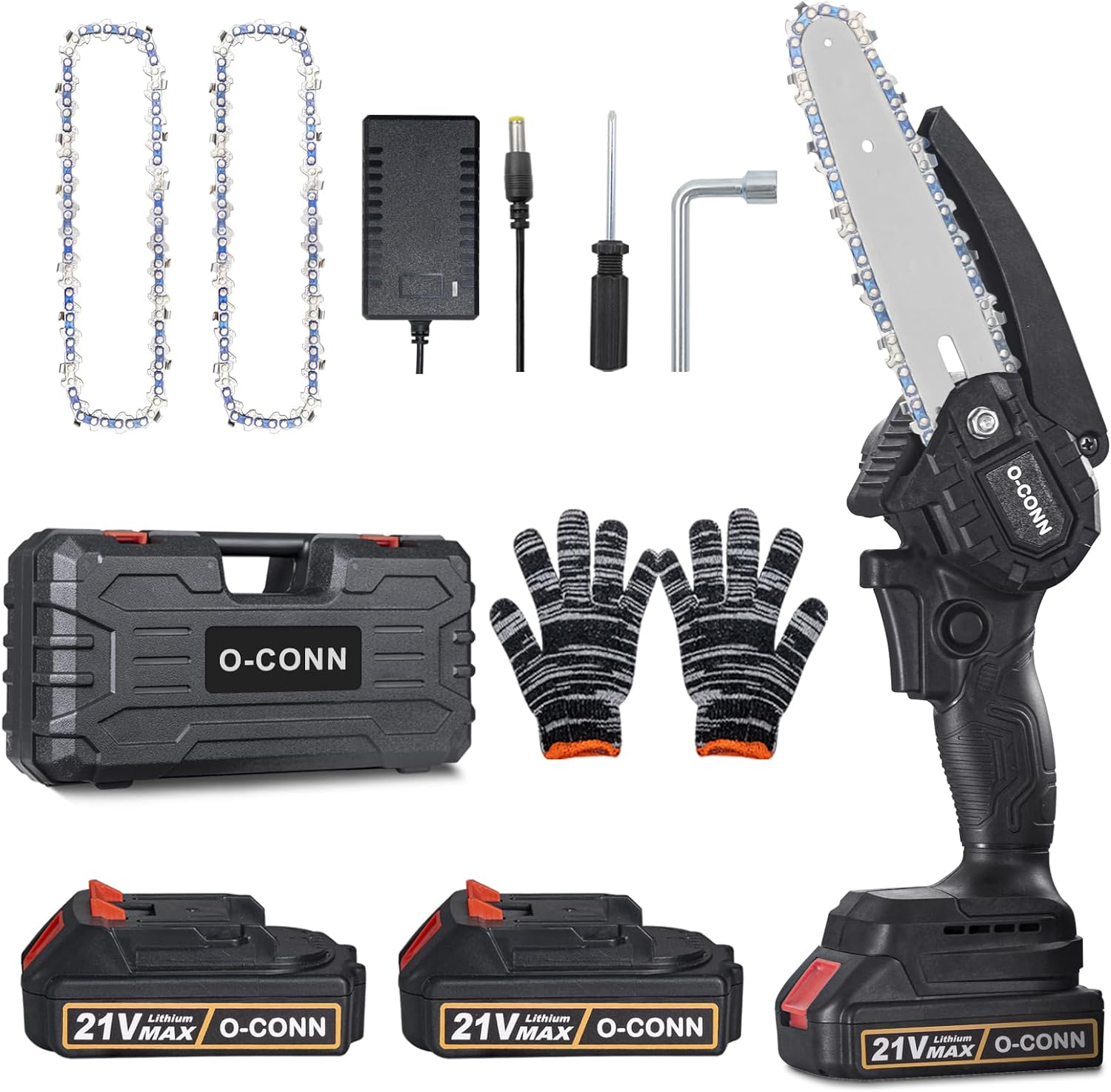 Mini Chainsaw, O-CONN Cordless 6 Inch Handheld Portable Electric Chainsaw with 2 Batteries 2 Chains, 21V Battery Powered with Safety Lock, for Tree Trimming Branch Wood Cutting