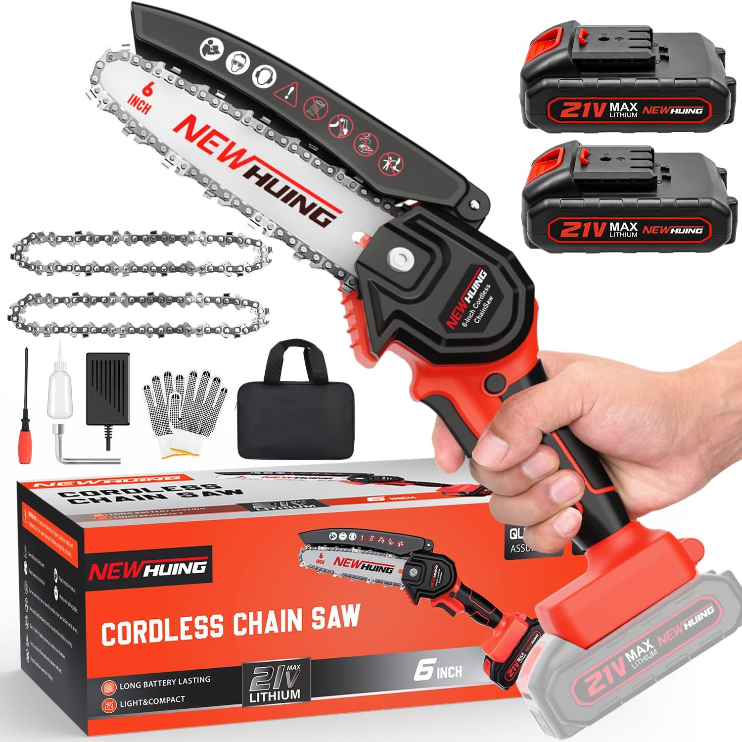 Mini Cordless Chainsaw Kit, Upgraded 6 One-Hand Handheld Electric Portable Chainsaw, 21V Rechargeable Battery Operated, for Tree Trimming and Branch Wood Cutting by New Huing