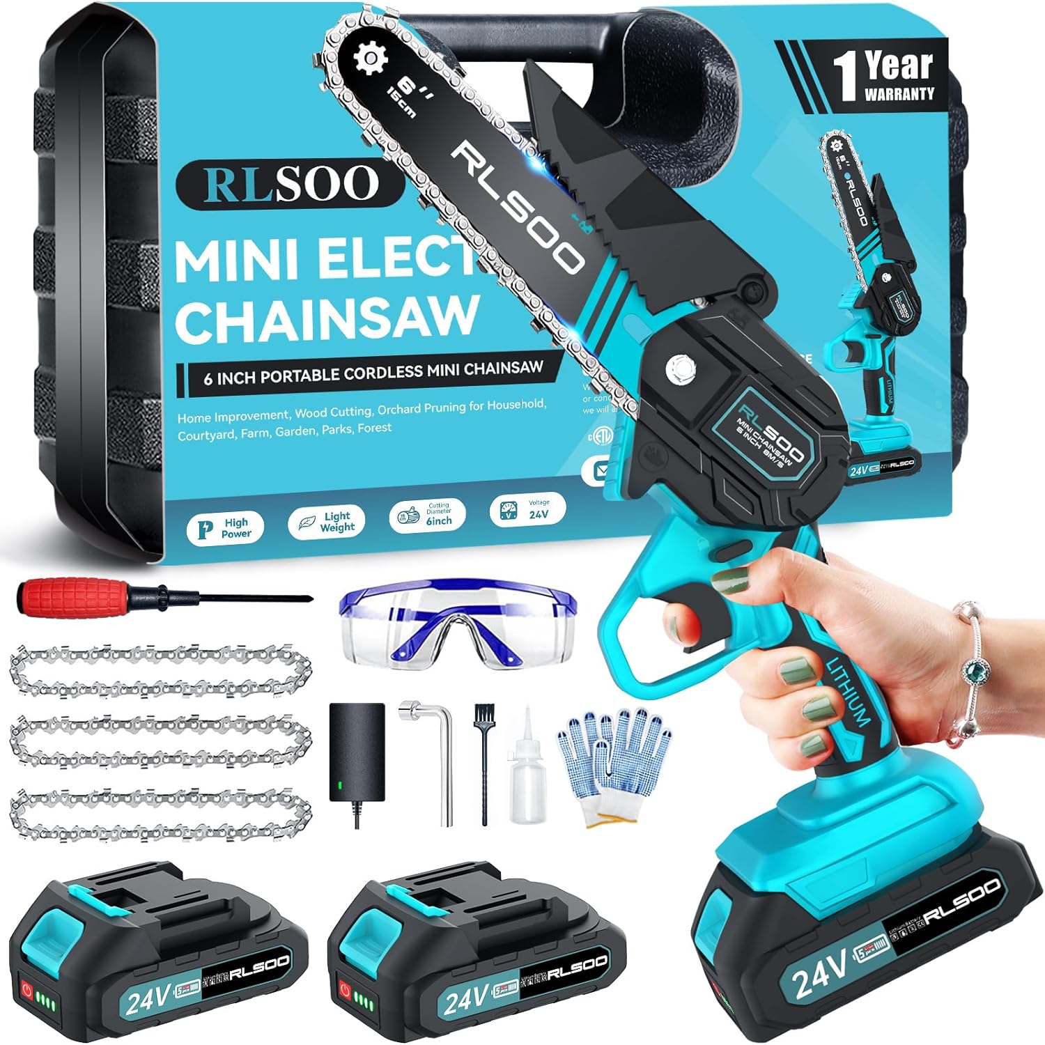 Mini Chainsaw 6 Inch Cordless, Battery Powered Electric Chainsaw with 2 Batteries and 3 Chains, Mini Chain Saw for Tree Trimming Wood Cutting