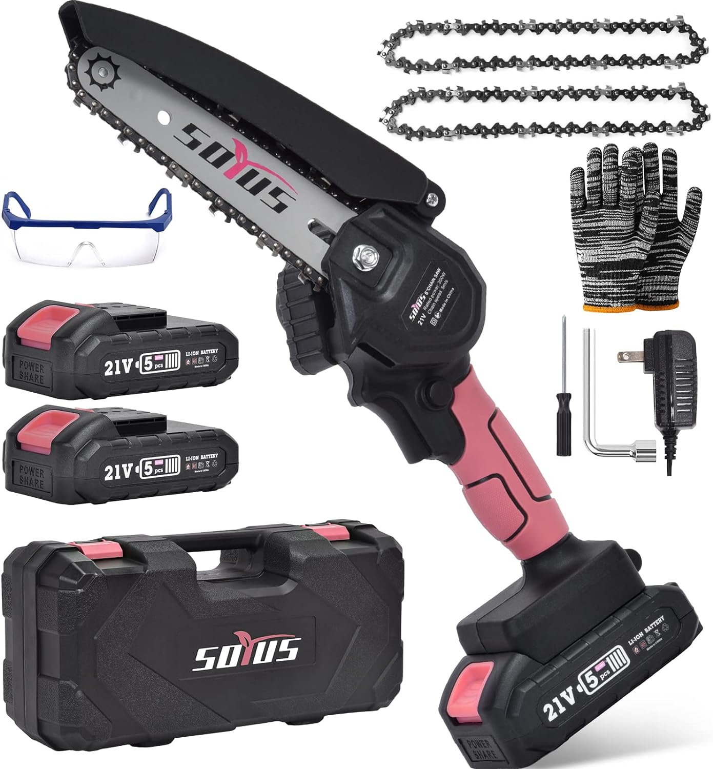 Mini Chainsaw 6-Inch Cordless, SOYUS Electric Chainsaw Mini Battery Chainsaw with 2Pcs Batteries, Handheld Small Chainsaw for Tree Trimming Branch Wood Cutting Pink