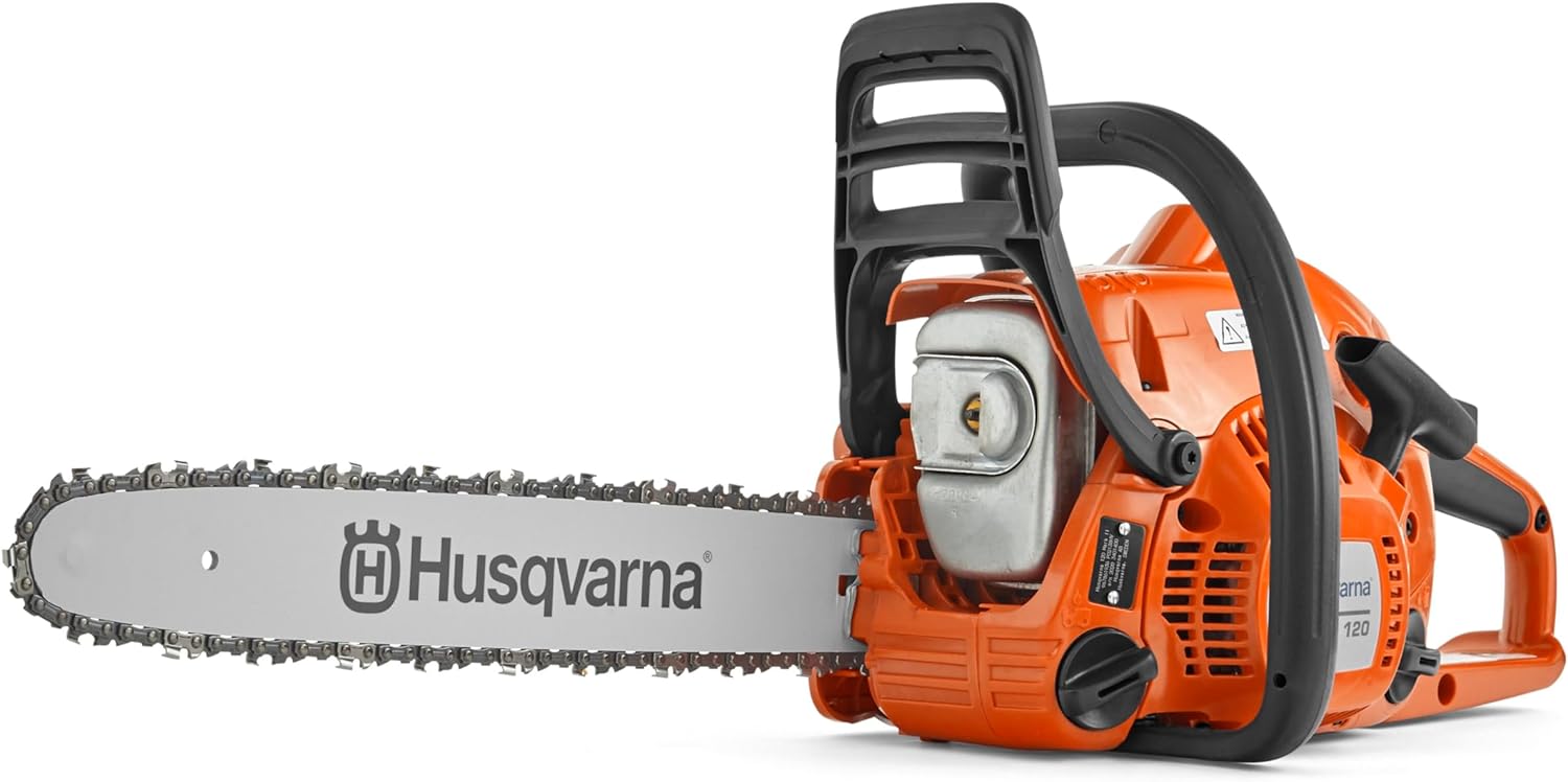 Husqvarna 120 Gas Powered Chainsaw, 38-cc 1.8-HP, 2-Cycle X-Torq Engine, 16 Inch Chainsaw with Automatic Oiler, For Wood Cutting, Light Felling and Limbing