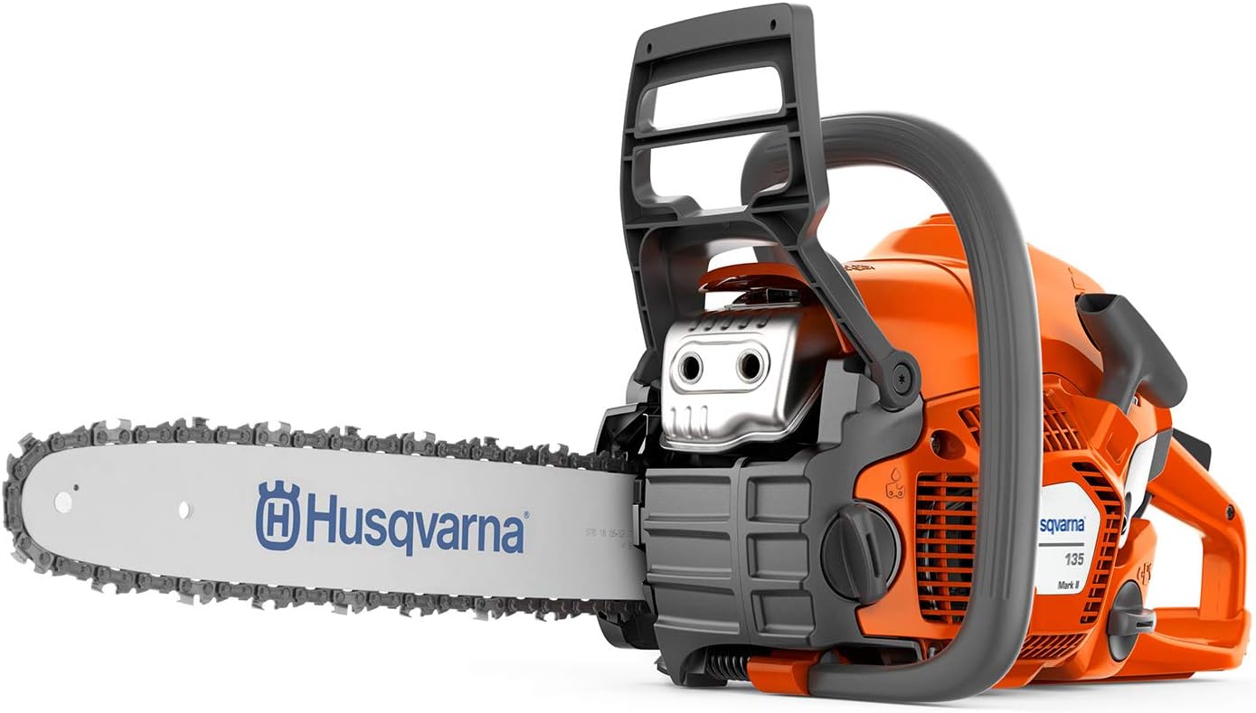 Husqvarna 135 Mark II Gas Powered Chainsaw, 38-cc 2.1-HP, 2-Cycle X-Torq Engine, 16 Inch Chainsaw with Automatic Oiler, For Wood Cutting and Tree Pruning