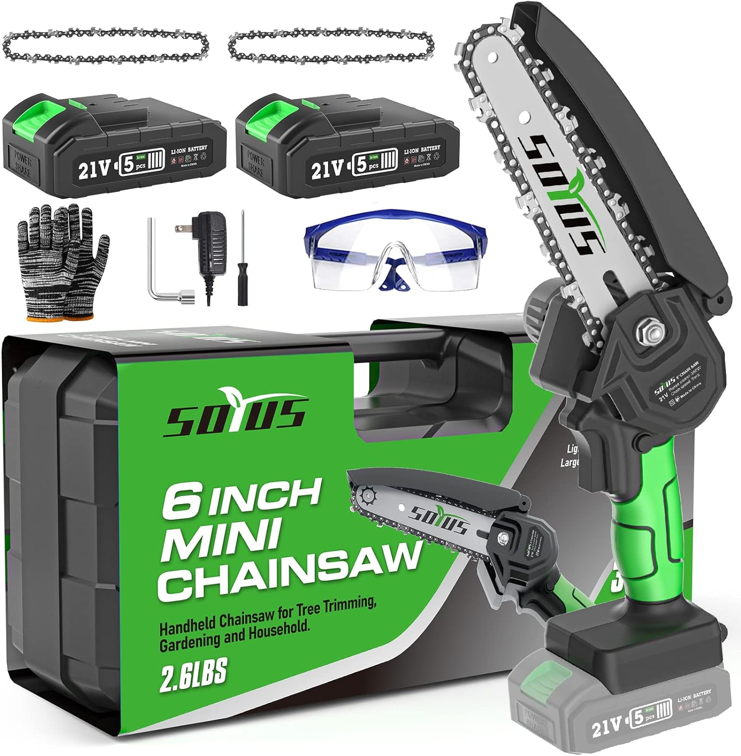 SOYUS Mini Chainsaw 6-Inch Cordless, Electric Chainsaw Mini Battery Chainsaw with 2Pcs Batteries, Handheld Small Chainsaw for Tree Trimming Branch Wood Cutting Green