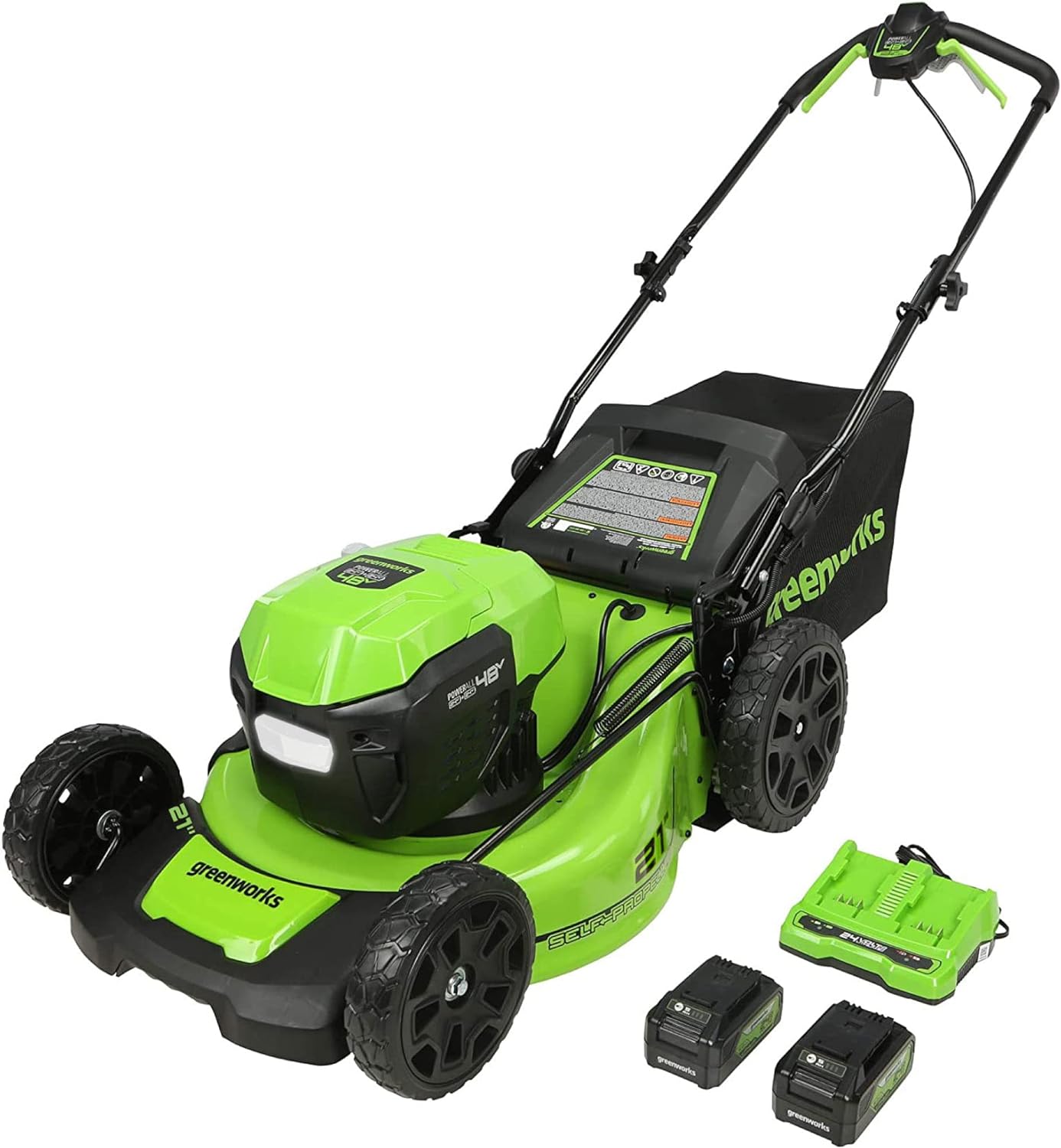 Greenworks 48V (2 x 24V) 21 Brushless Cordless (Self-Propelled) Lawn Mower (LED Headlight), (2) 5.0Ah Batteries and Dual Port Rapid Charger Included (125+ Compatible Tools)