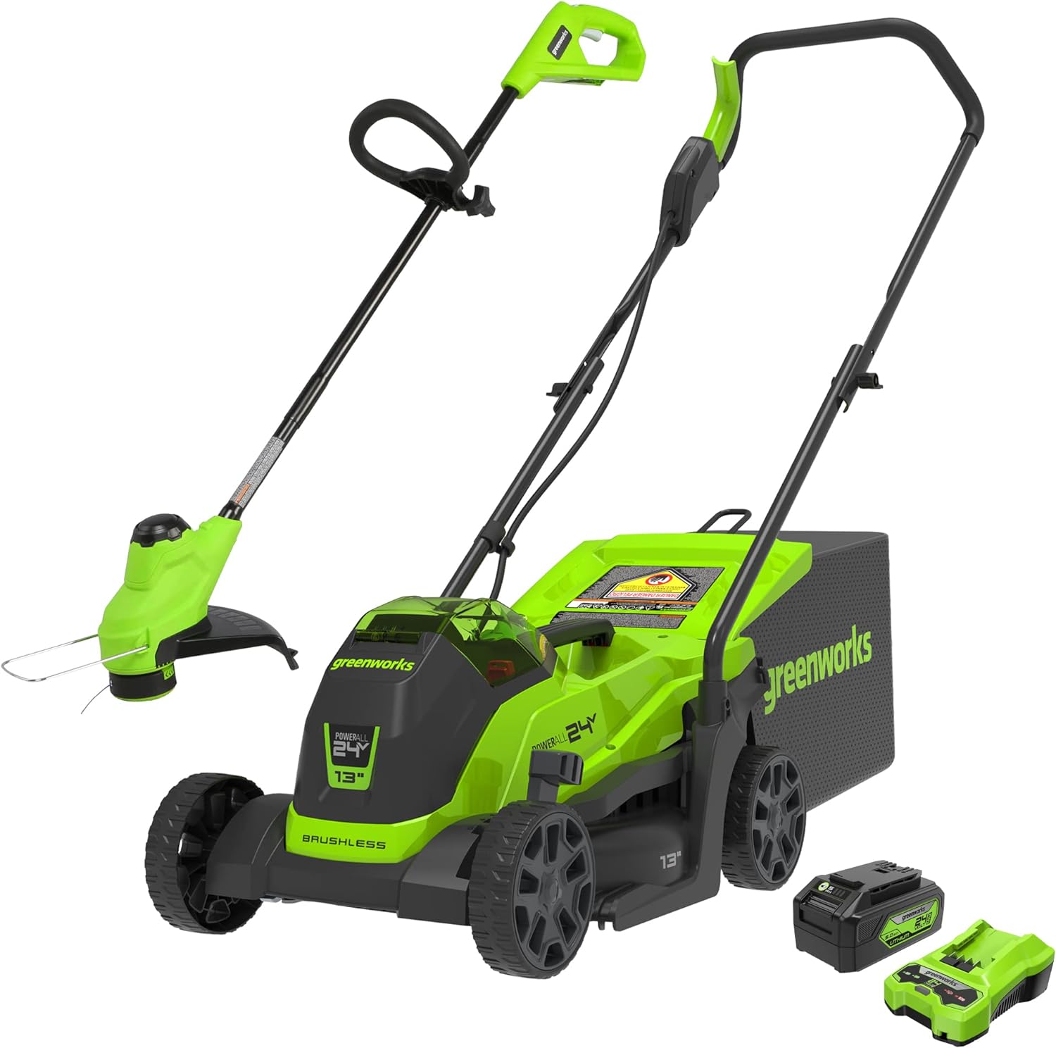 Greenworks 24V 13 Brushless Lawn Mower, String Trimmer, 4.0Ah USB Battery and Charger Included