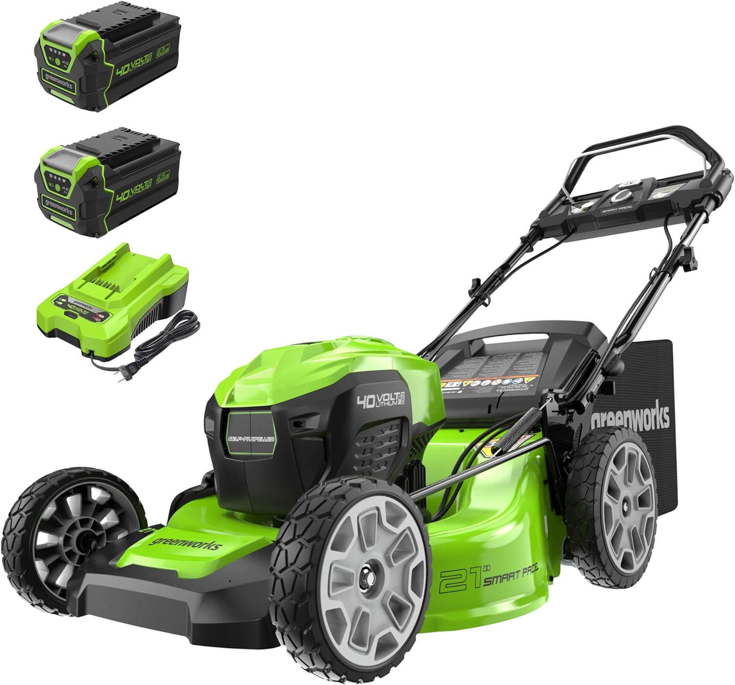 Greenworks 40V 21 Brushless Cordless (Smart Pace / Self-Propelled) Lawn Mower (75+ Compatible Tools), (2) 4.0Ah Batteries and Charger Included