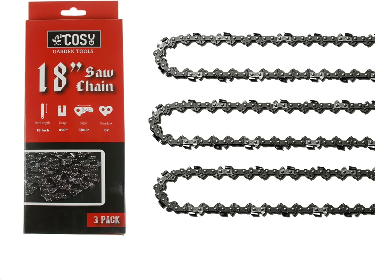 3 Pack 18 Inch Chainsaw Chain, Low Kickback Heavy Duty Chainsaw Blade .050 Gauge 3/8 LP Pitch 62 Drive Links Fit for Craftsman,Echo Husqvarna Ego Ryobi and More