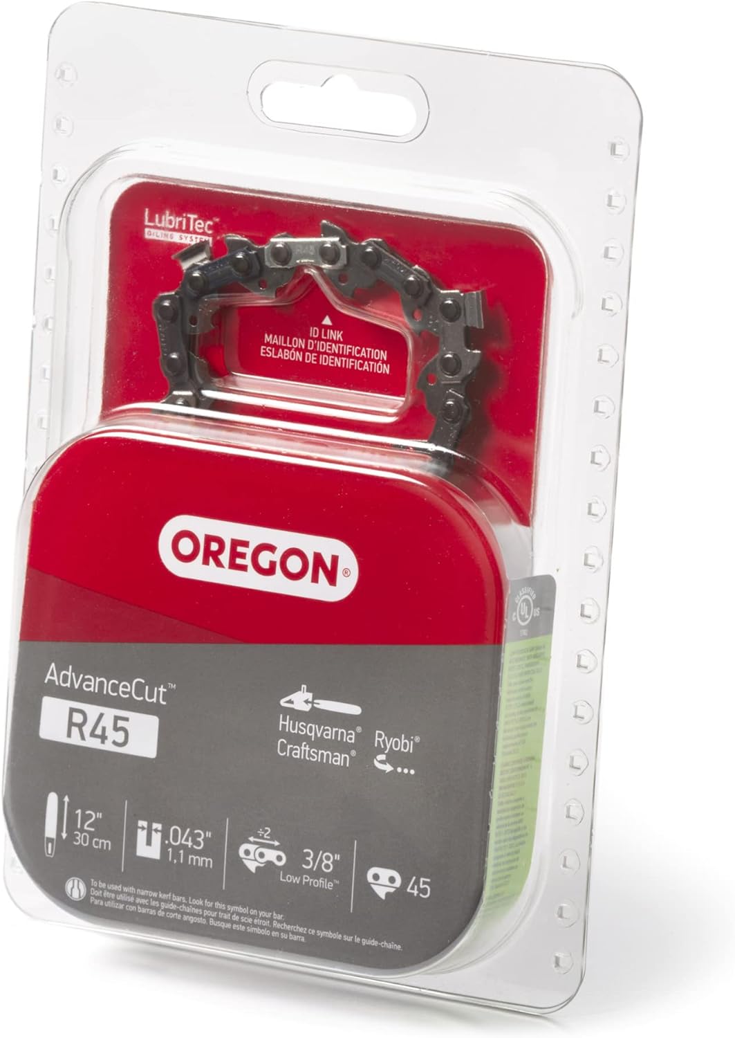 Oregon R45 AdvanceCut Chainsaw Chain for 12-Inch Bar, 45 Drive Links, low-kickback chain fits Dewalt, Craftsman, Makita and more,Grey