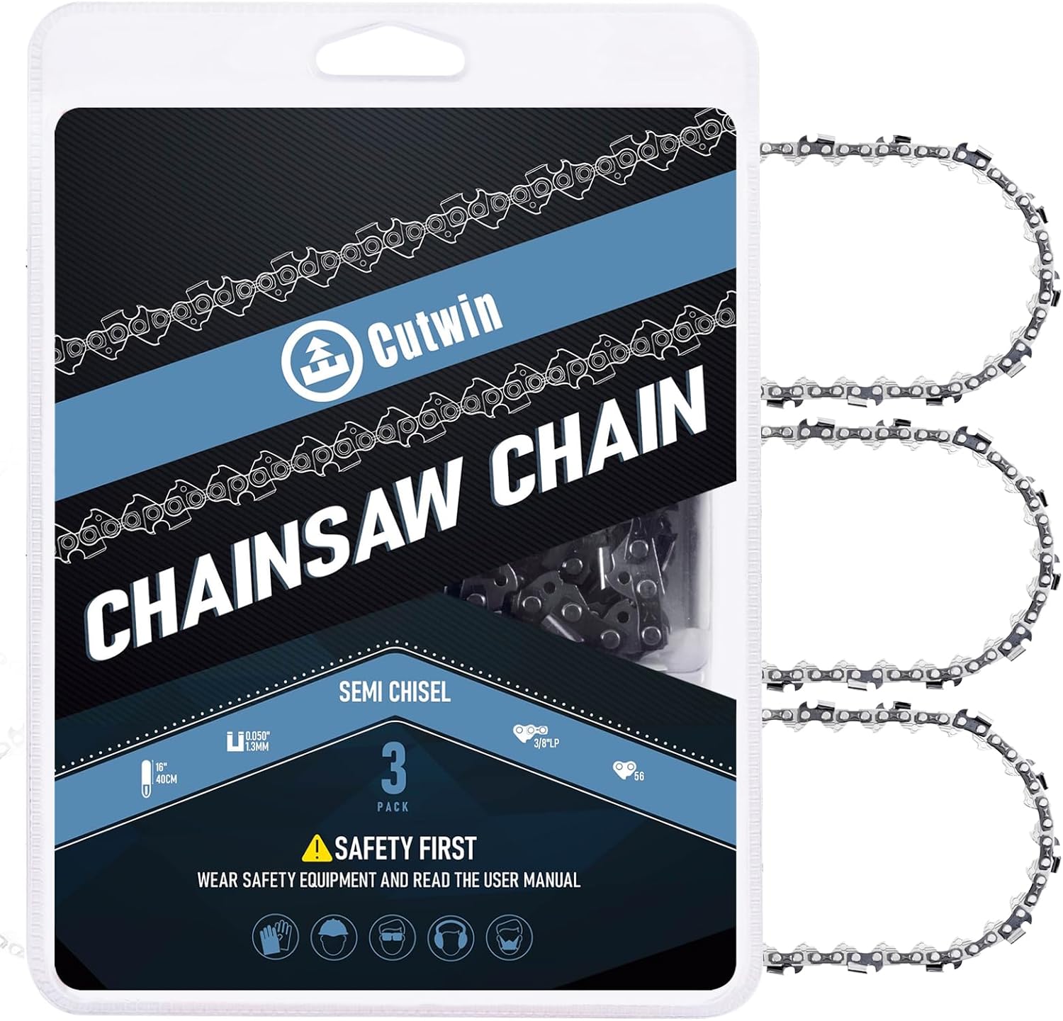 3 Pack 16 Inch Chainsaw Chain CW-S56 3/8 LP Pitch .050 Gauge 56 Drive Links, UL Approved Replacement Low-Kickback Chainsaw Blade Fits Most Chainsaw Brands