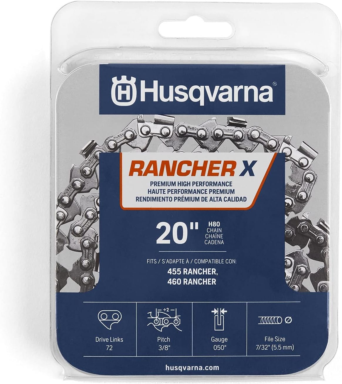 Husqvarna Rancher X H80 20 Inch Chainsaw Chain, 3/8 Pitch, .050 Gauge, 72 Drive Link Chainsaw Blade Replacement with Low Vibration and Low Kickback, Gray