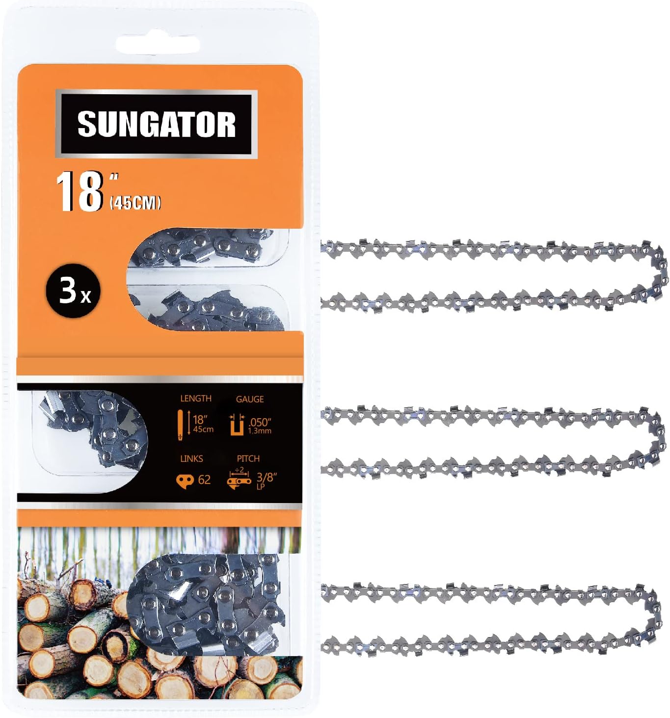 SUNGATOR 3-Pack 18 Inch Chainsaw Chain SG-S62, 3/8 LP Pitch - .050 Gauge - 62 Drive Links, Compatible with Craftsman, Ryobi, Homelite, Poulan