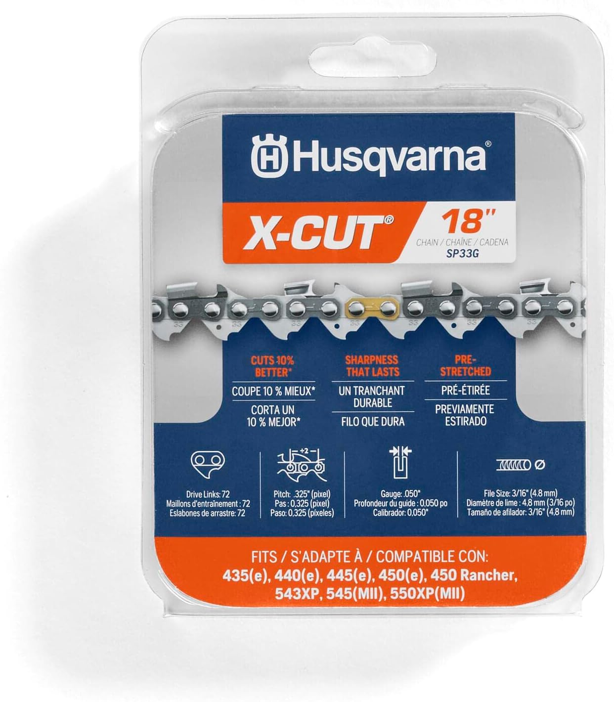 Husqvarna X-Cut SP33G 18 Inch Chainsaw Chain, 325 Pitch, 050 Gauge, 72 Drive Links, Highly Durable, Pre-Stretched Chainsaw Blade Replacement with Superior Lubrication and Low Kickback, Gray