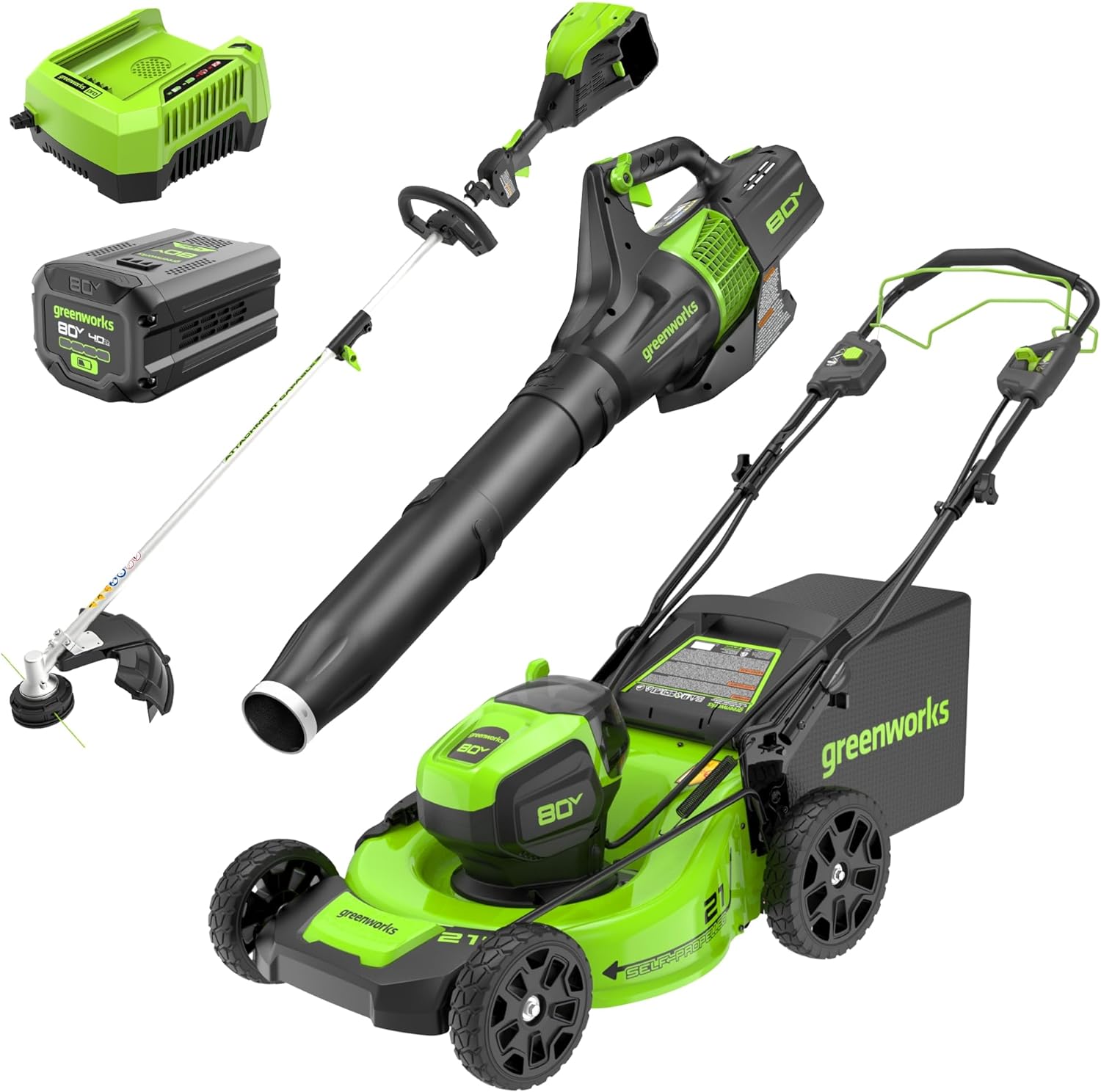 Greenworks 80V 21 Brushless (Self-Propelled) Cordless Electric Lawn Mower + (580 CFM) Axial Leaf Blower + 16 (Attachment Capable) String Trimmer, 4.0Ah Battery and 60 Minute Rapid Charger