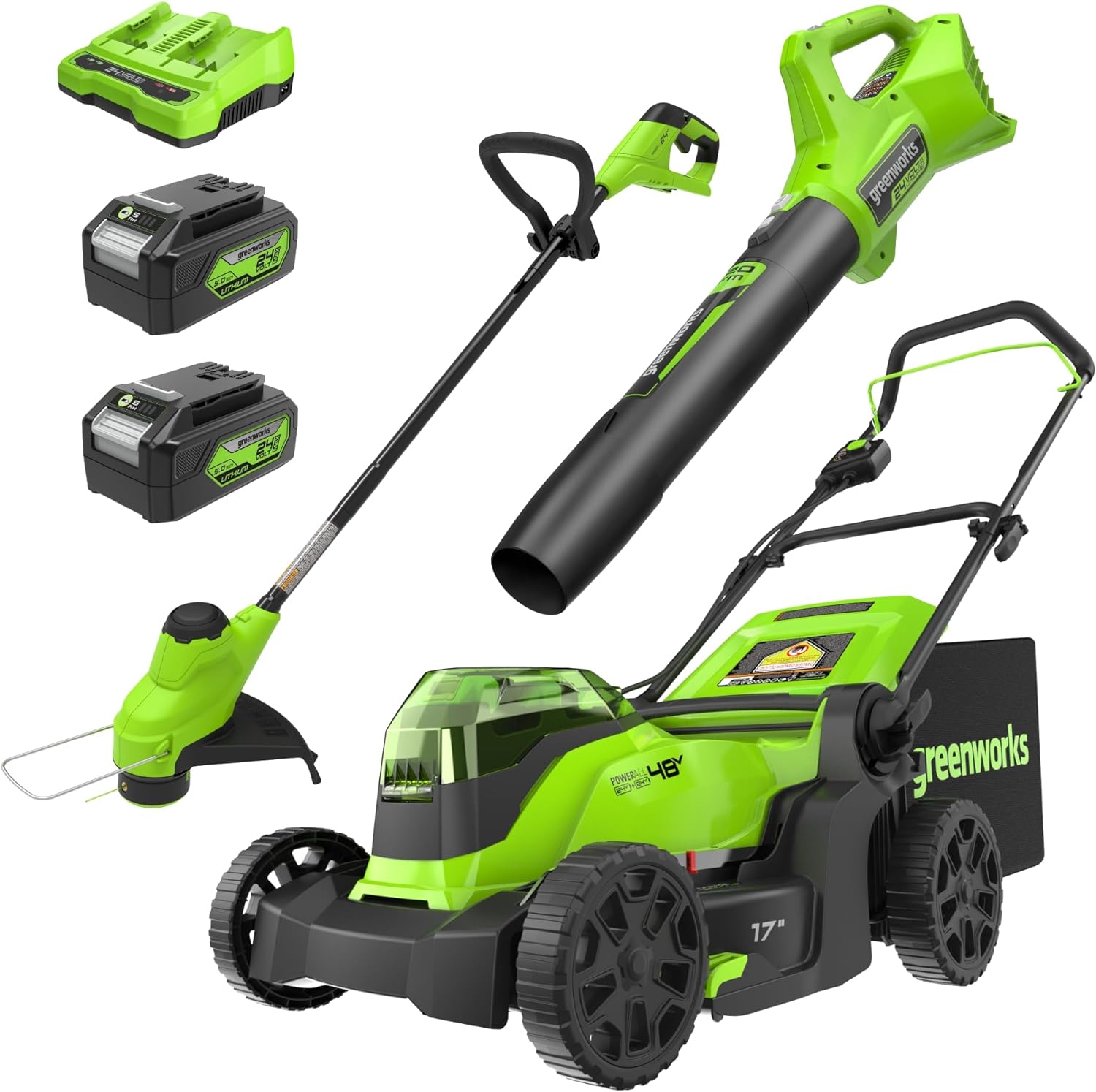 Greenworks 2 x 24V 17 Brushless Cordless (Push) Lawn Mower + Blower (320 CFM) + 12 String Trimmer, (2) 5.0Ah Batteries and Charger Included 125+ Compatible Tools)