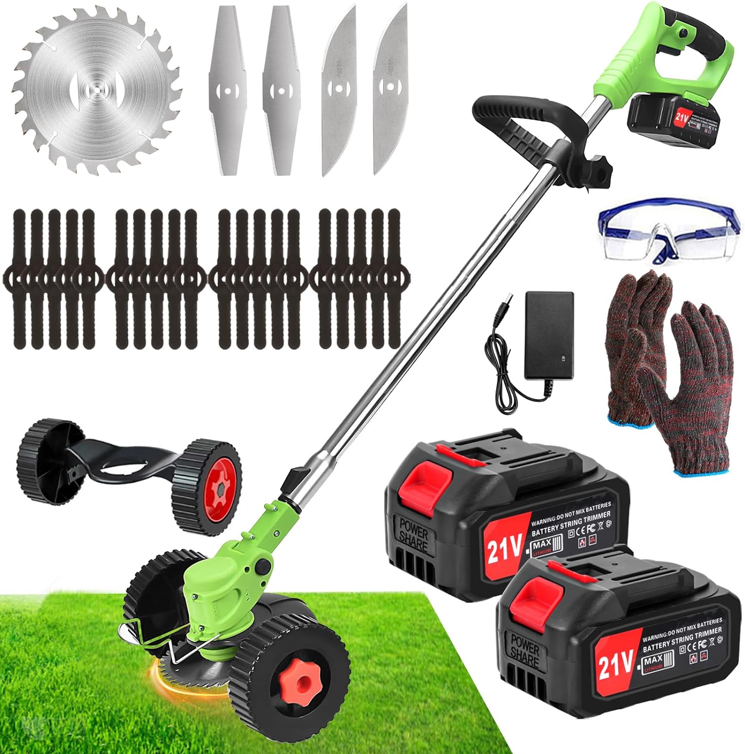 Electric Weed Eater Battery Powered Electric Weed Wacker 21V Cordless Weed Wacker with 2PCS 4.0AH Batteries and 3 Types Blades&Auxiliary Wheel Lightweight Brush Cutter for Yard and Garden