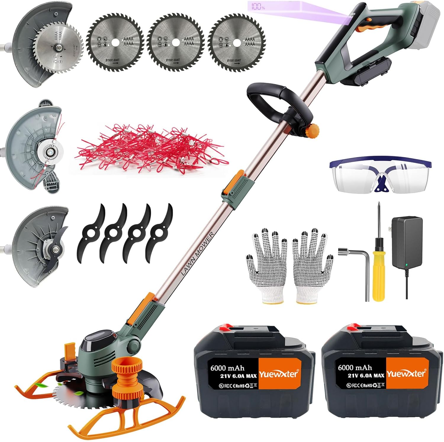 Electric Weed Wacker, (21V 2x6.0A Weed Eater Battery Powered), 4-in-1 Grass Trimmer/Wheel Edger/Mini-Mower/Brush Cutter, with 3 x Saw Blades, 4 x Metal Blades, 30x Grass Cutting line