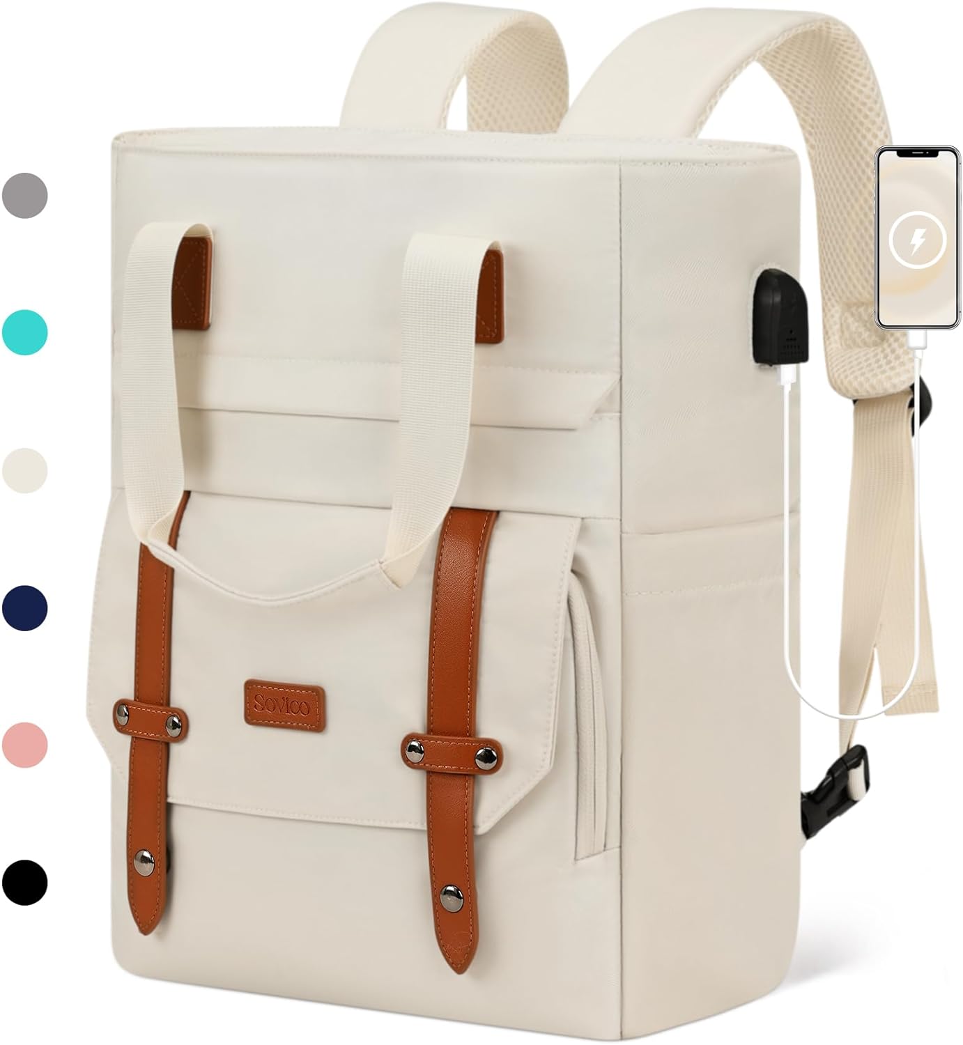 Large 17 Inch Laptop Backpack for Women, Travel Backpack with USB Charging Port, Flight Approved Carry On Backpack Versatile for Travel and Work-Beige