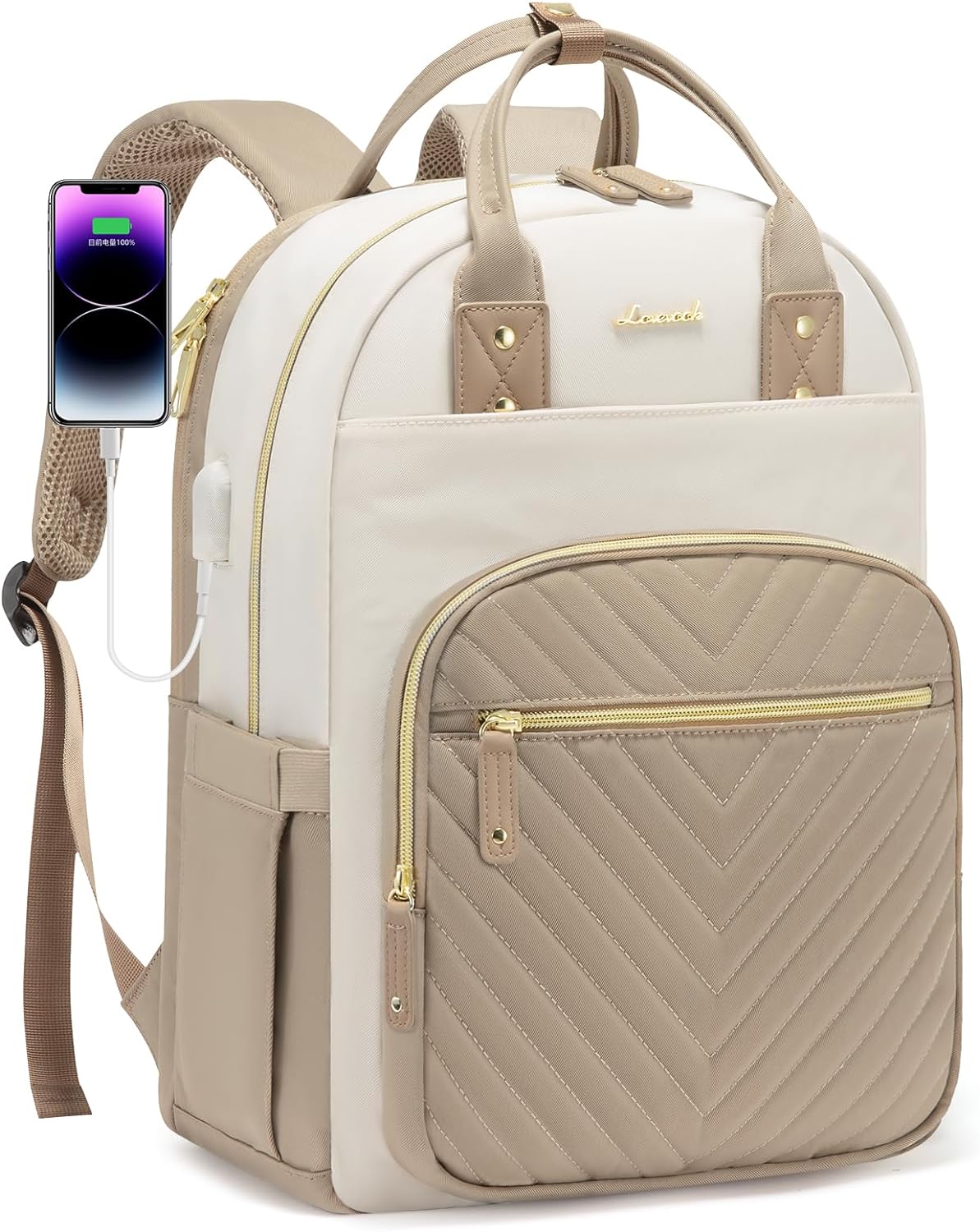 LOVEVOOK Laptop Backpack for Women, Fits 15.6 Inch Laptop Bag With USB Port, Fashion Water Resistant Backpacks College Teacher Nurse Stylishi Travel Bags Dayback for Work, Beige-Khaki