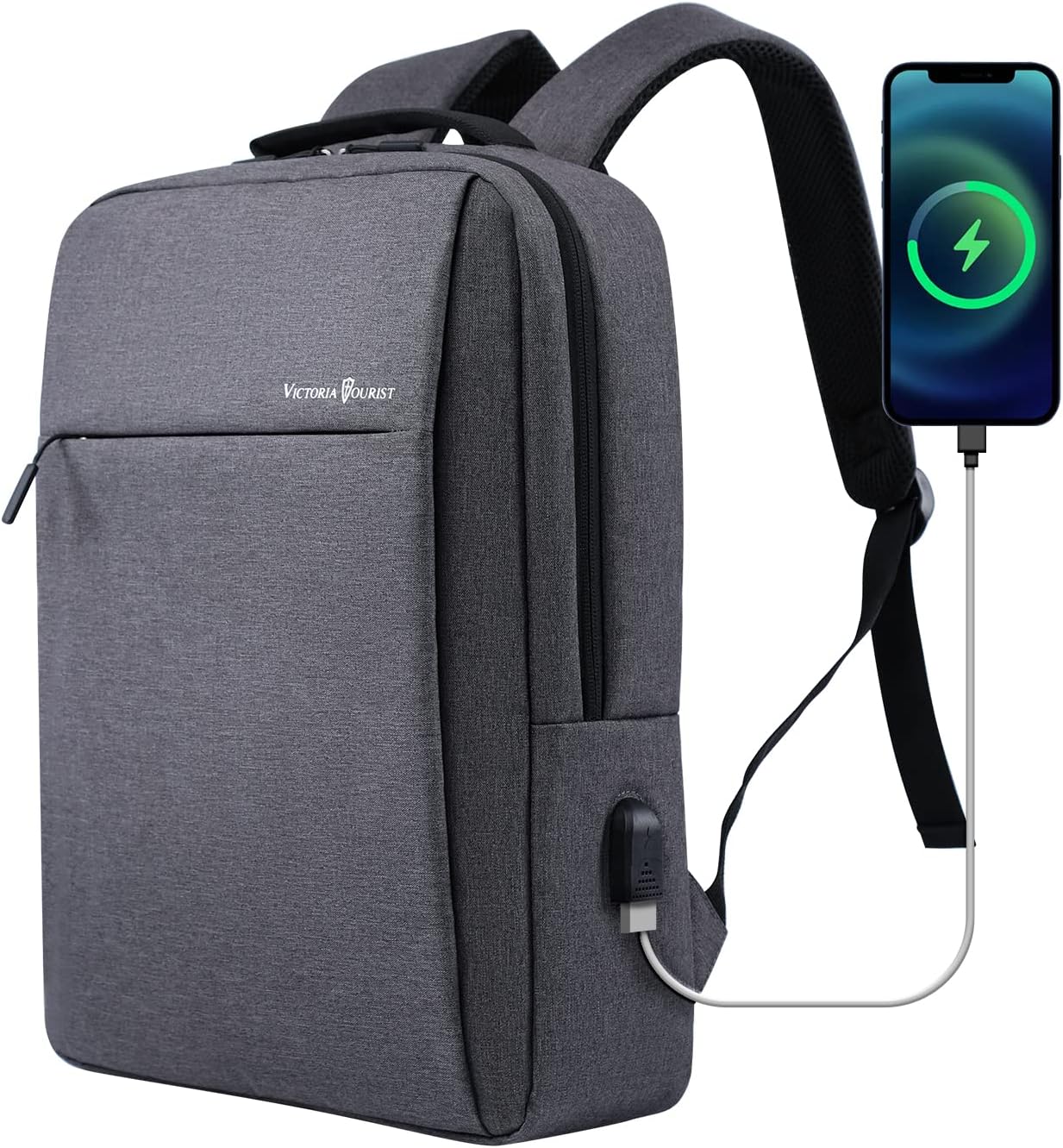 Victoriatourist Laptop Backpack 15.6 Inch, Business Slim Durable Travel Backpacks with USB Charging Port, College Computer Bag Gifts for Men and Women Fits Notebook (Grey)