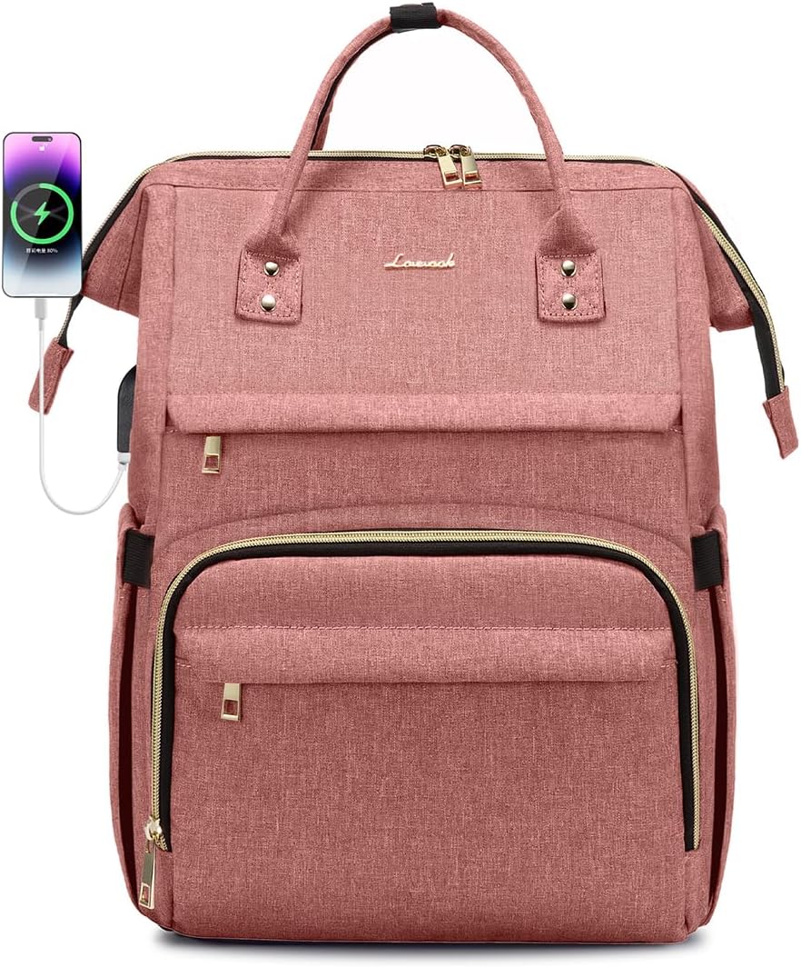 LOVEVOOK Laptop Backpack for Women,15.6 Inch Professional Womens Travel Backpack Purse Computer Laptop Bag Nurse Teacher Backpack,Waterproof College Work Bag Carry on Backpack with USB Port,Light-pink