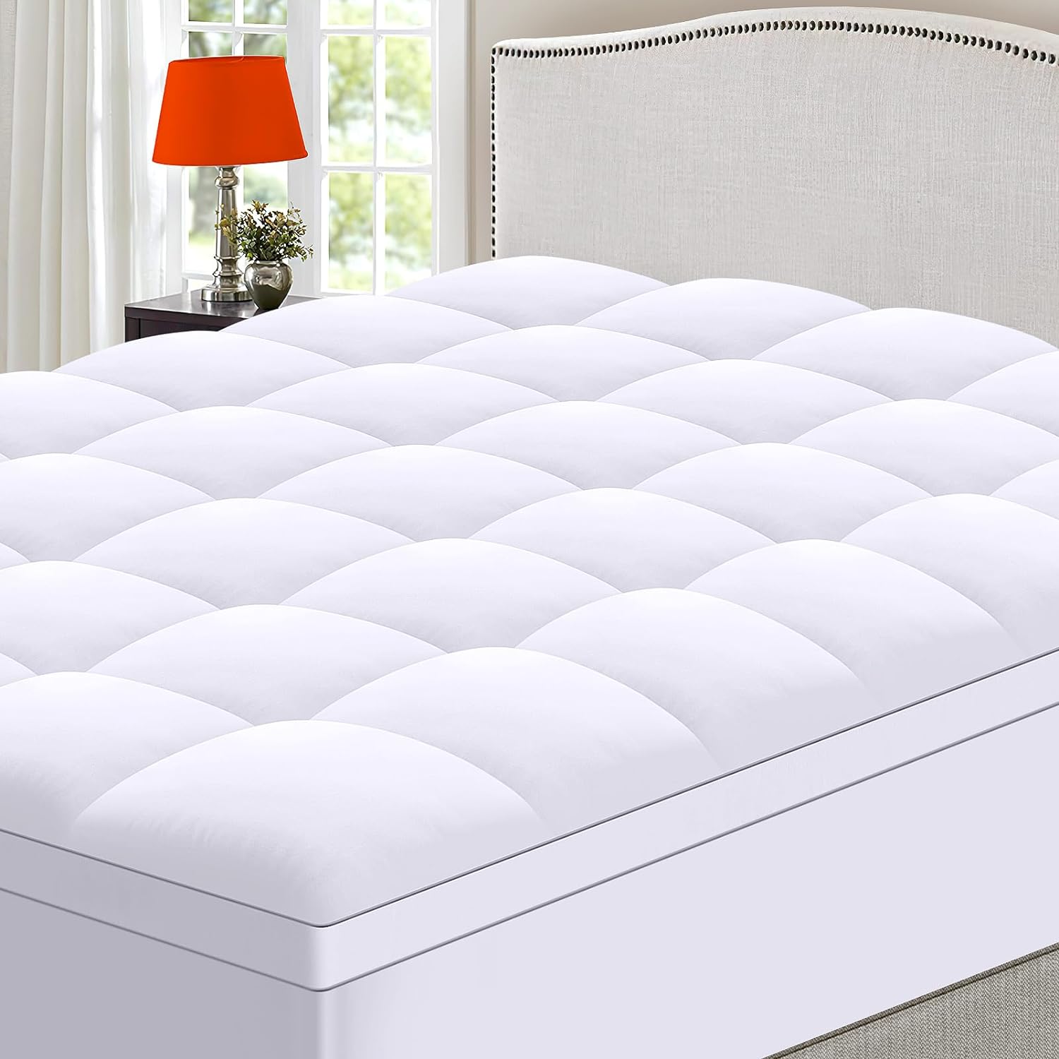 4 Piece Queen Size Mattress Topper Set - Soft Bed Sheets Set - Extra Thick Mattress Pad Cover for Back Pain - Overfilled Plush Pillow Top with 8-21 Inch Deep Pocket - White