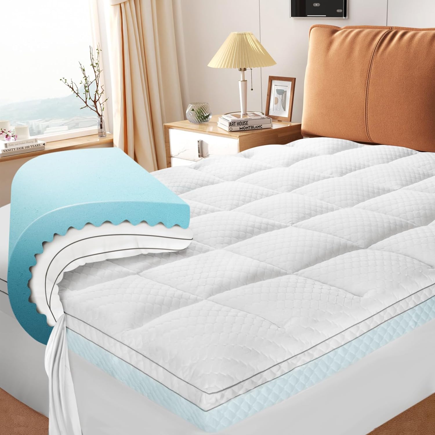 Dual Layer 4 Inch Memory Foam Mattress Topper Queen Size,3 Inch Egg Crate Gel Memory Foam and 1 Inch Down Alternative Pillow Top with 8-21 Inch Deep Pocket