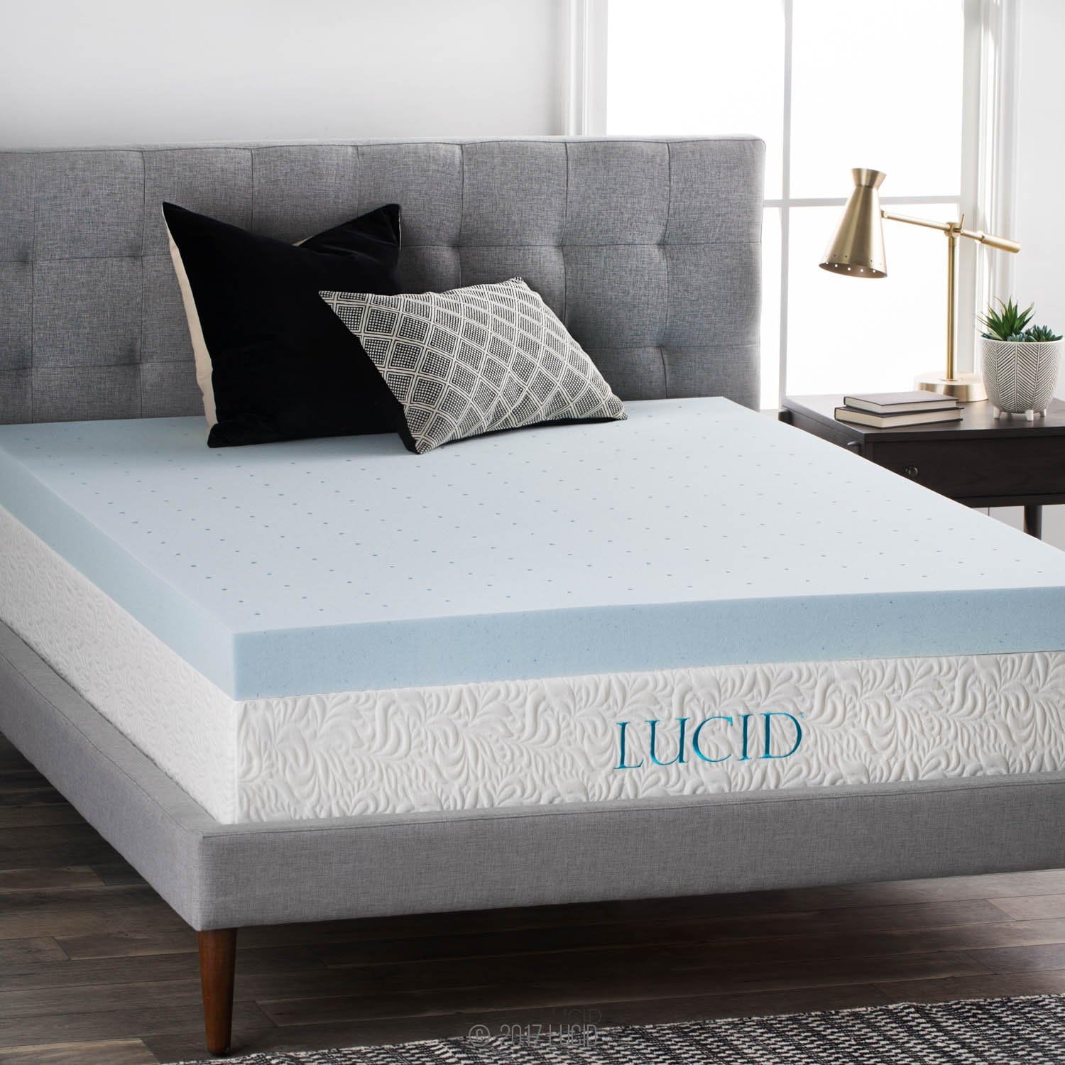 LUCID 4 Inch Gel Memory Foam Mattress Topper, Ventilated Design, Ultra Plush, CertiPUR-US Certified, Queen, Blue