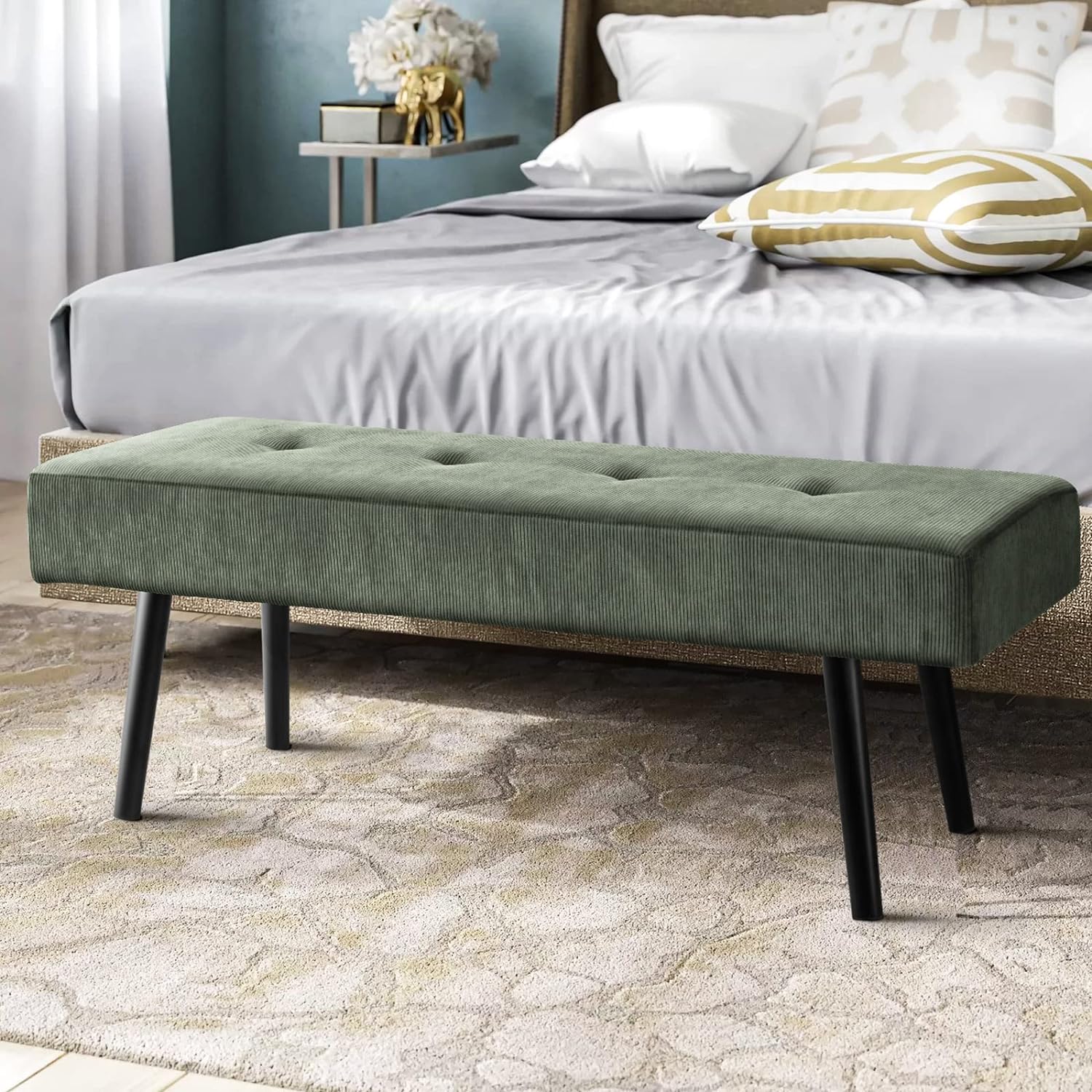 Entryway Bench - Green Bench for Bedroom, Modern Ottoman End of Bed, Corduroy Padded Benches for Living Room, Foyer, Mudroom, Hallway - 39 L x 14 W x 17 H (Green)