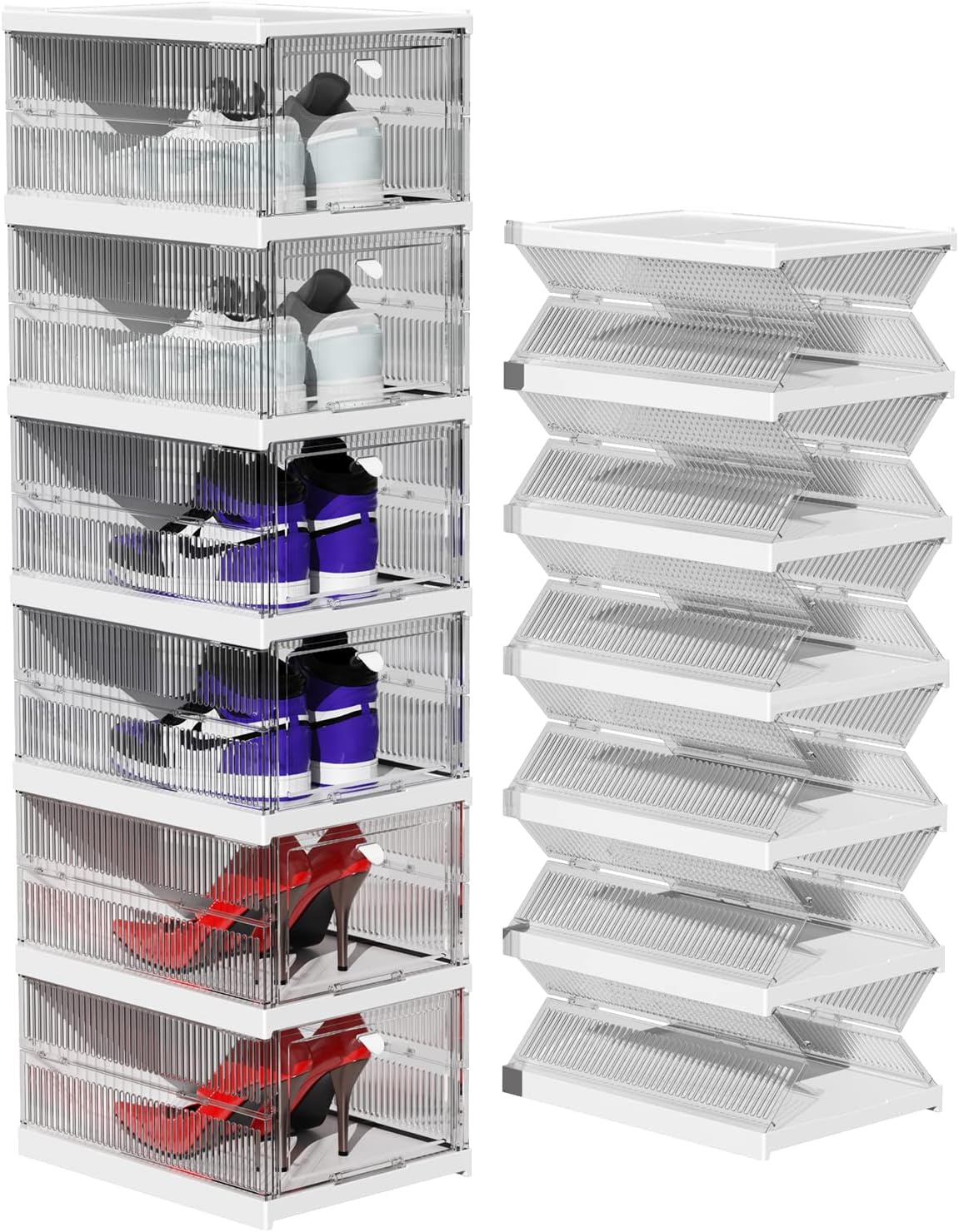 Shoe Boxes Clear Plastic Stackable, Shoe Storage Organizer Boxes Easy Installation All in One Shoe Box with Doors 6 Tier Foldable Shoe Box Space Saving for Closet Entryway Containers Bins
