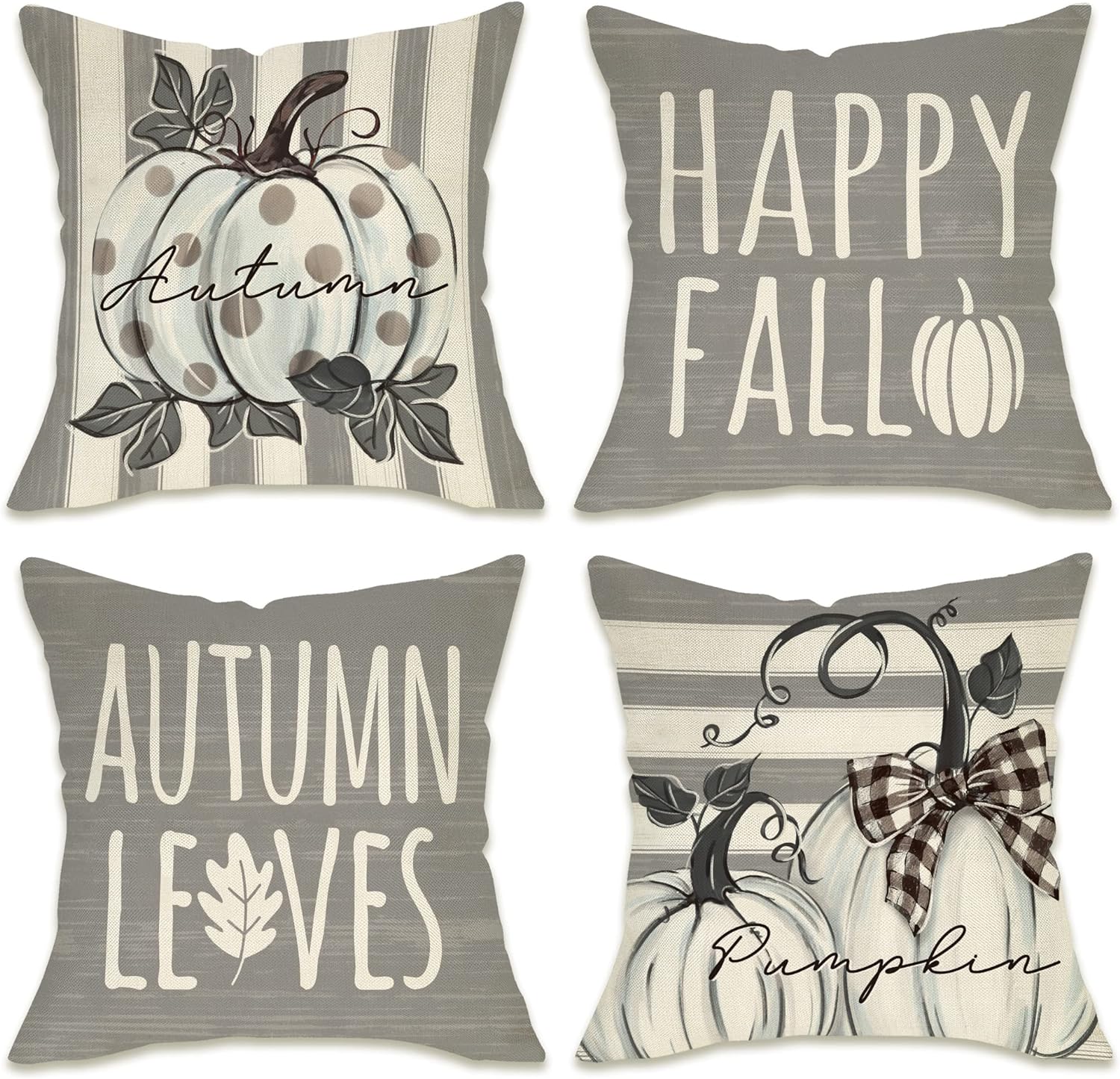 Happy Fall White Pumpkin Decorative Throw Pillow Covers 18 x 18 Set of 4, Autumn Gray Leaves Polka Dots Stripes Porch Patio Outdoor Pillowcase Buffalo Plaid Farmhouse Cushion Case Home Decor