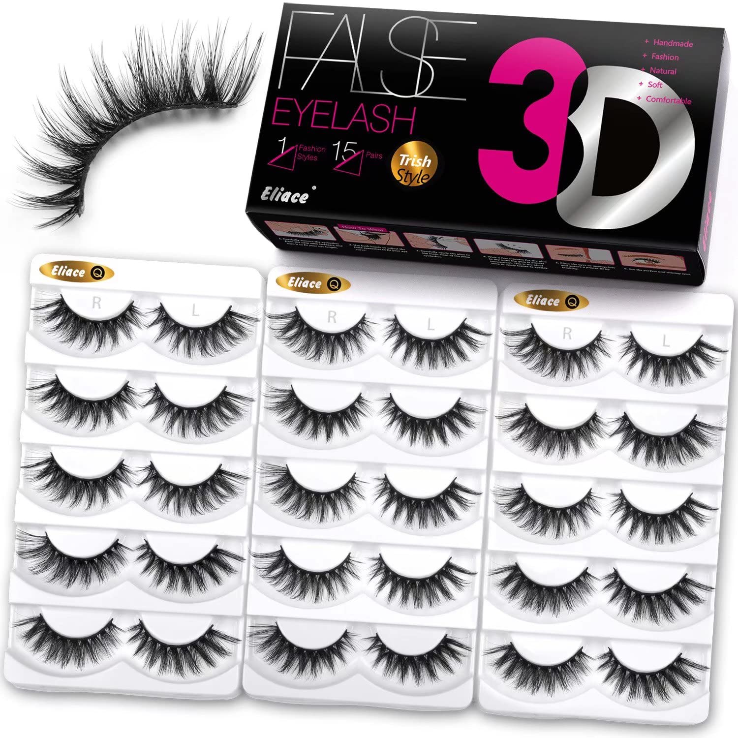 Eliace False Eyelashes Cat Eye-Lash 3D Mink Lashes,Spiky Wispy Natural Long Faux Mink Lashes Strips Soft & Reusable Makeup Professional Fake Eyelashes Pack 15 Pairs | Trish Style