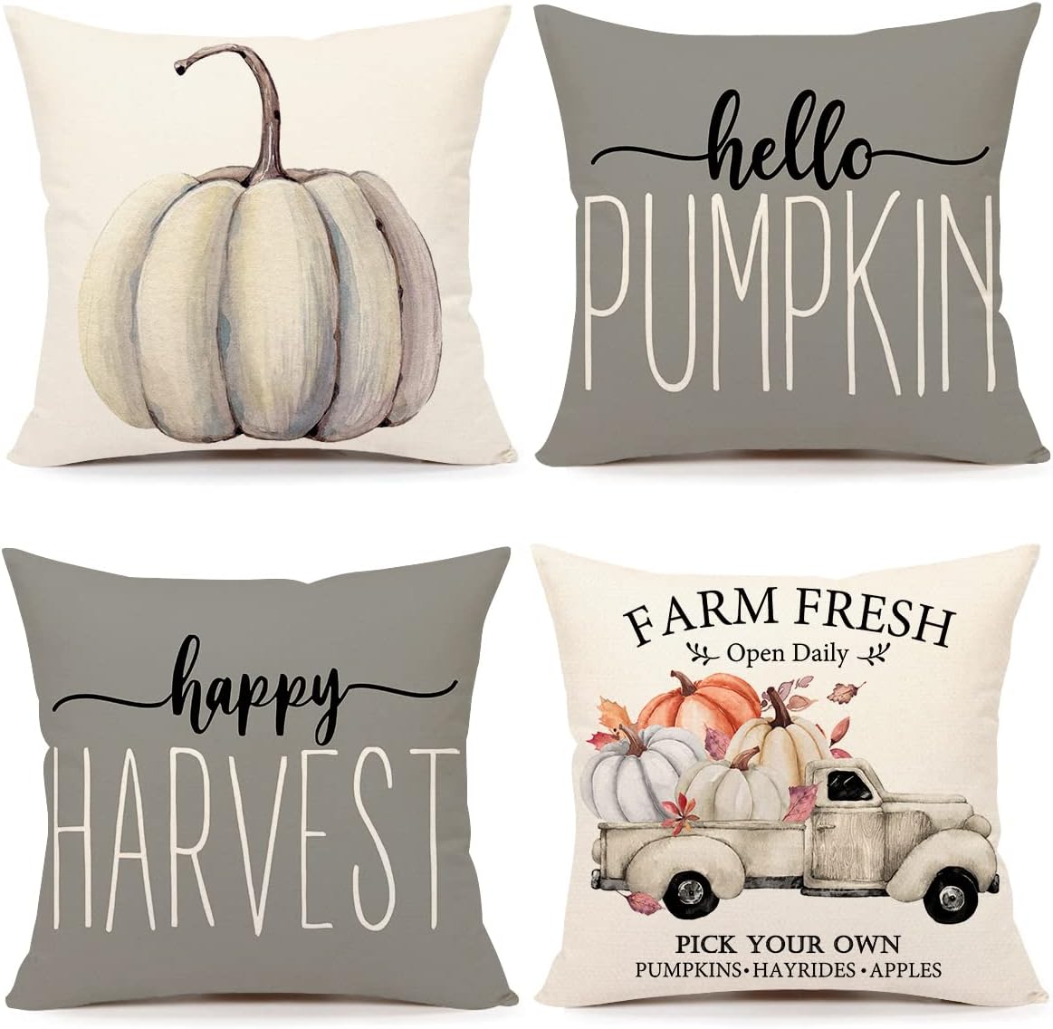 4TH Emotion Fall Decor Pillow Covers 18x18 Set of 4 Gray Pumpkin Farmhouse Decorations Happy Harvest Farm Truck Throw Cushion Case for Fall Thanksgiving Home Decorative Pillows S22F22