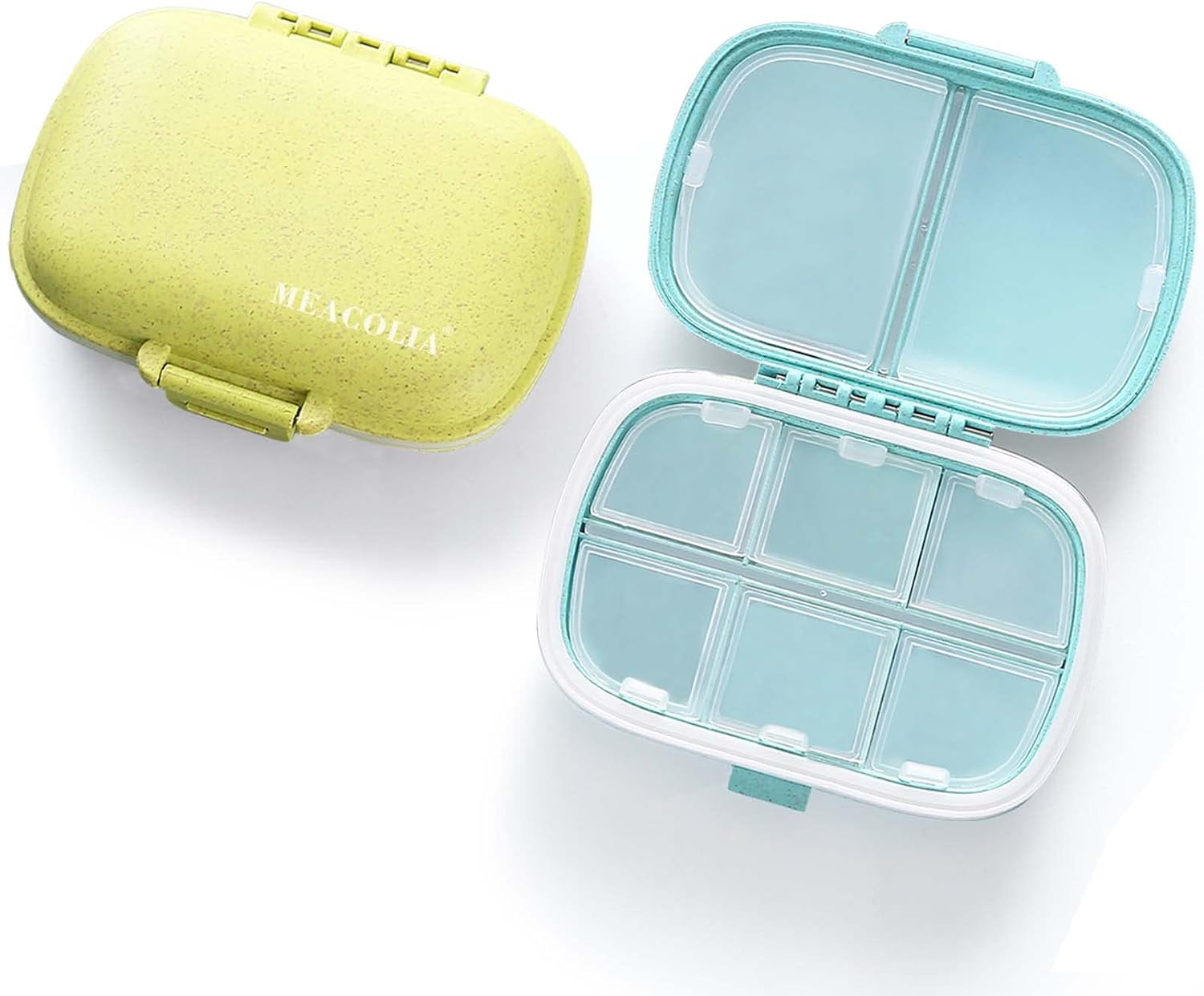 MEACOLIA 2 Pack 8 Compartments Travel Pill Organizer Box Moisture Proof Small Pill Case for Pocket Purse Daily Pill Holder Container for Medicine Vitamin (Blue & Green)