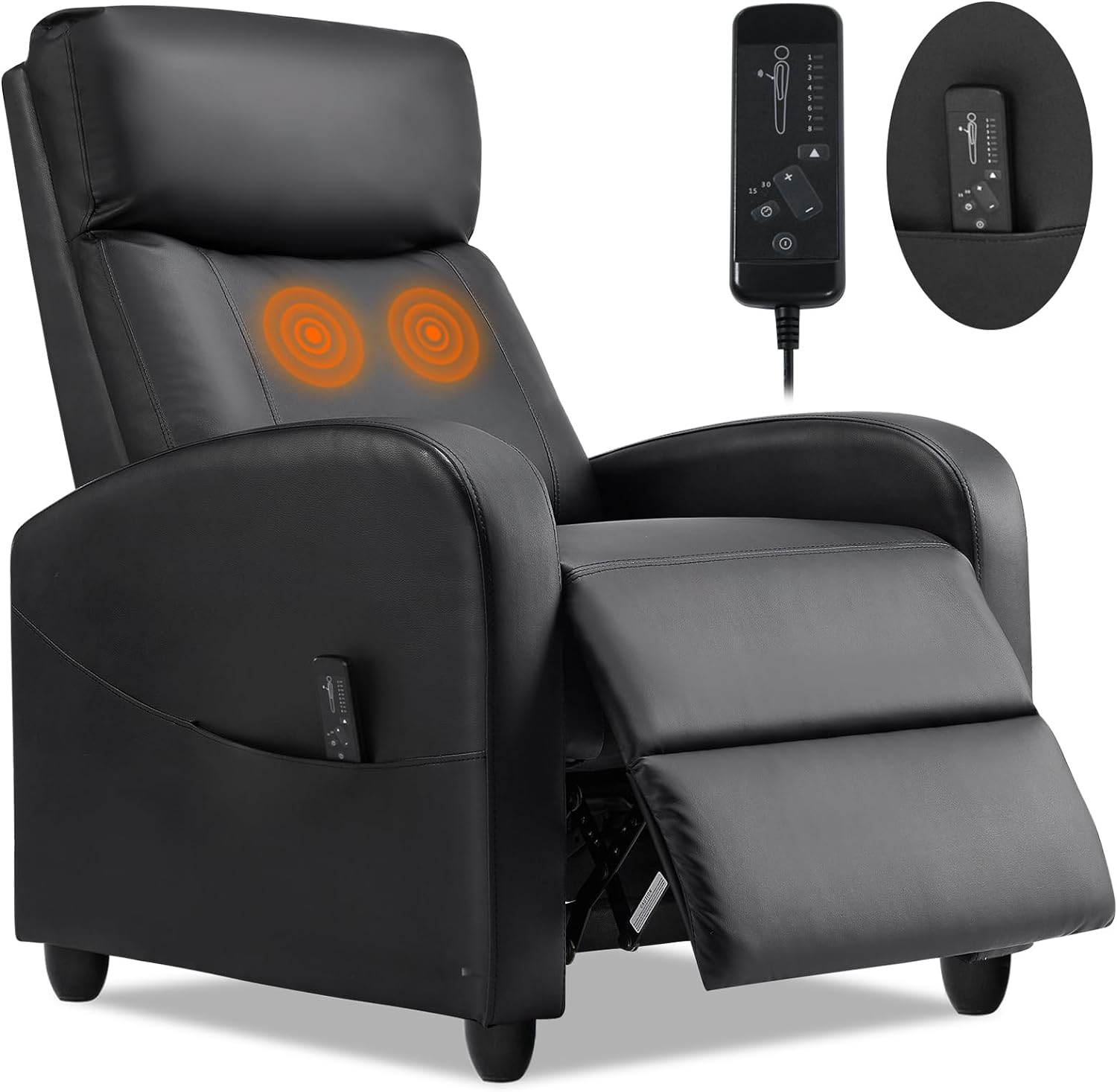 Recliner Chair for Adults, Massage PU Leather Recliner Sofa for Living Room, Adjustable Home Theater Seating with Padded Seat Backrest, Small Reclining Chair for Small Space (Dark Black)