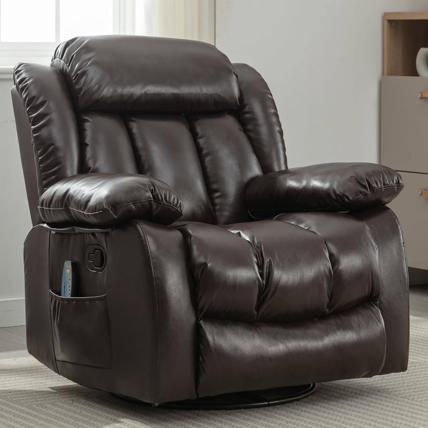 INZOY Massage Swivel Rocker Recliner with Heat and Vibration, Manual Rocking Recliner Chair with Vibrating Massage, Comfy Padded Overstuffed Heated Recliner with Breathable Leather, Dark Brown