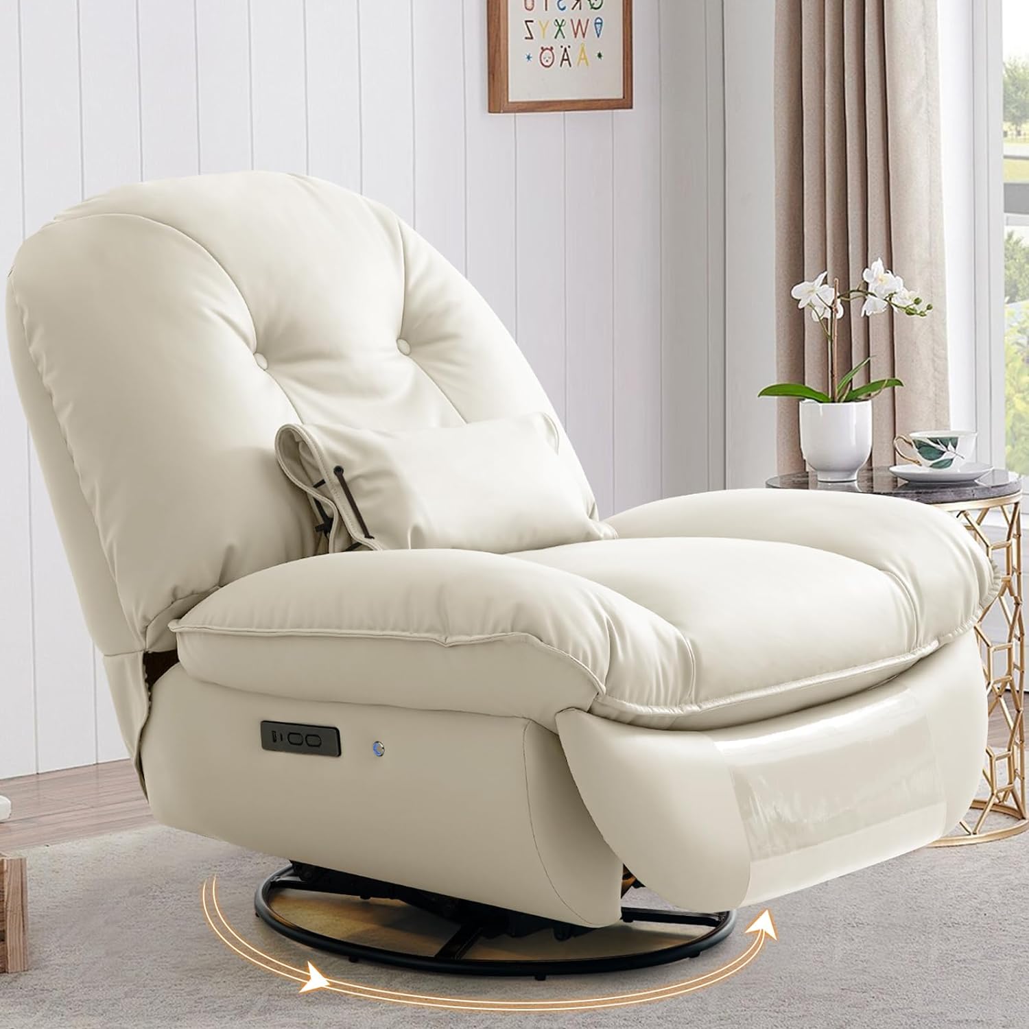 43.3 Oversized Electric Swivel Rocker Recliner Chair for Big and Tall Up to 400 LBS,Power Glider Recliner Sofa with Lumbar Support,Bluetooth Speaker,Breathing Light(Beige)