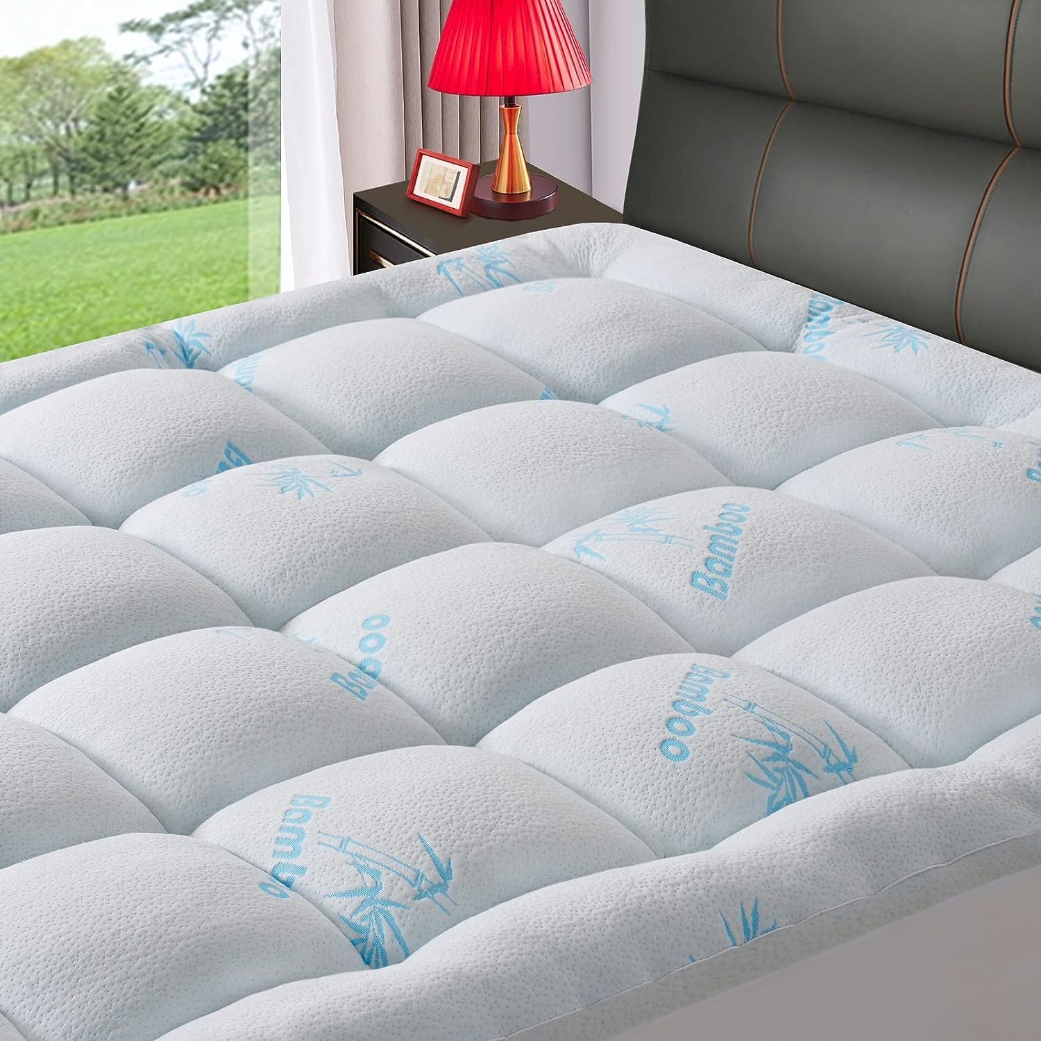 Extra Thick Bamboo Mattress Topper Full Size for Double Bed, Cooling Mattress Pad Cover Plush Soft Noiseless Down Alternative Fill,with 8-21 Deep Pocket