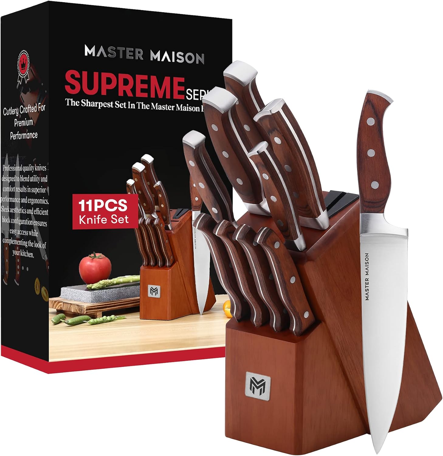 11-Piece Premium Walnut Kitchen Knife Set with Knife Block & Dual Knife Sharpener | Master Maison German Stainless Steel Knives | Professional Butcher Block Knife Set For Kitchen | Chef Knife Sets