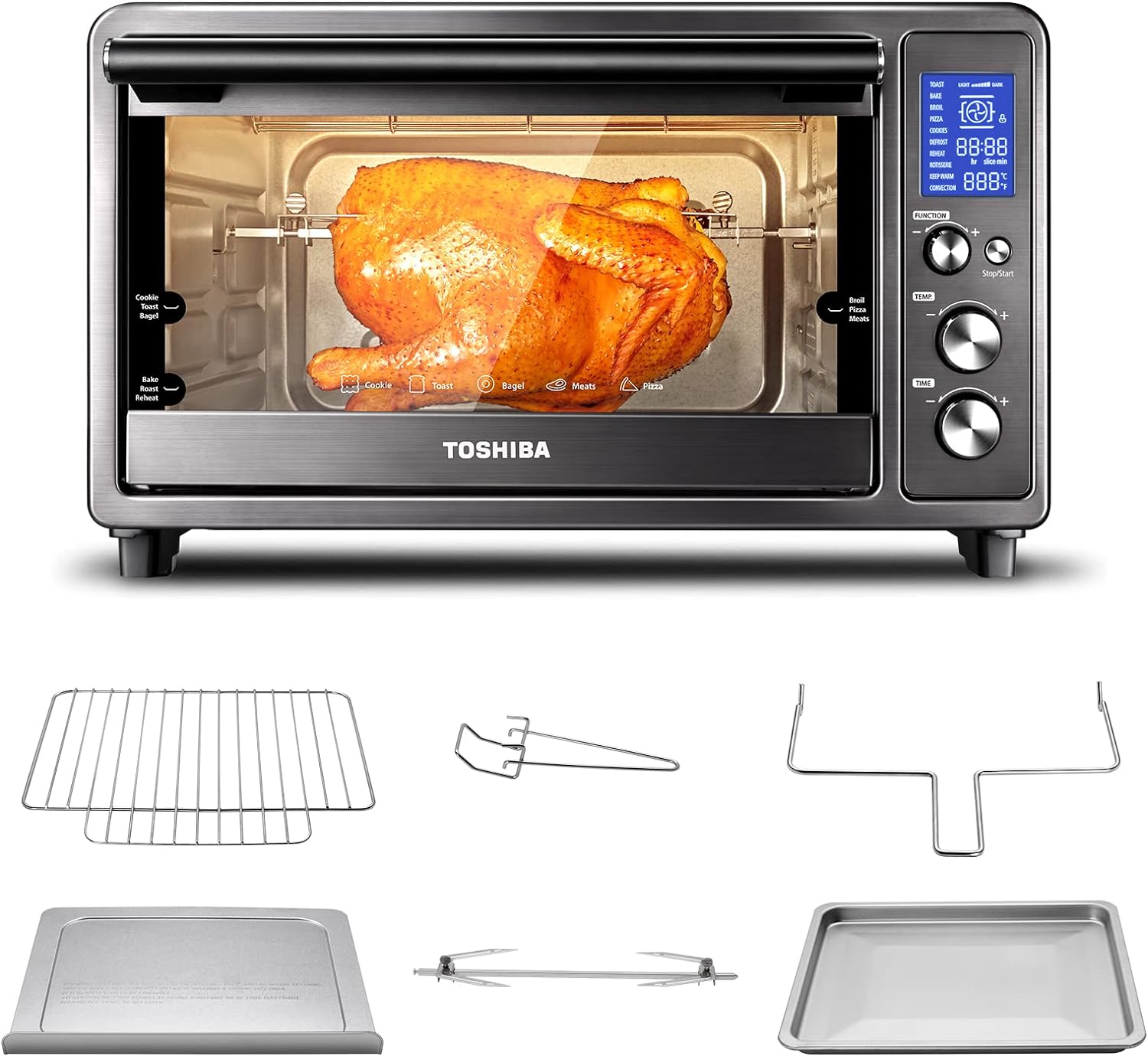 Toshiba Speedy Convection Toaster Oven Countertop with Double Infrared Heating, 10-in-1 with Toast, Pizza, Rotisserie, Larger 6-slice Capacity, 1700W, Black Stainless Steel, Includes 6 Accessories